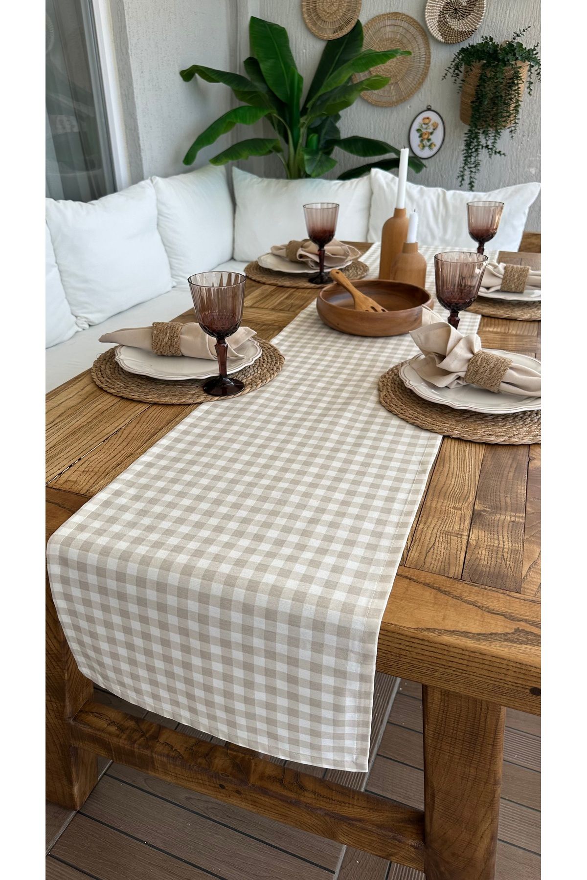 Decamor home Leke Tutmaz Sıvı Geçirmez Pötikareli Bej Runner