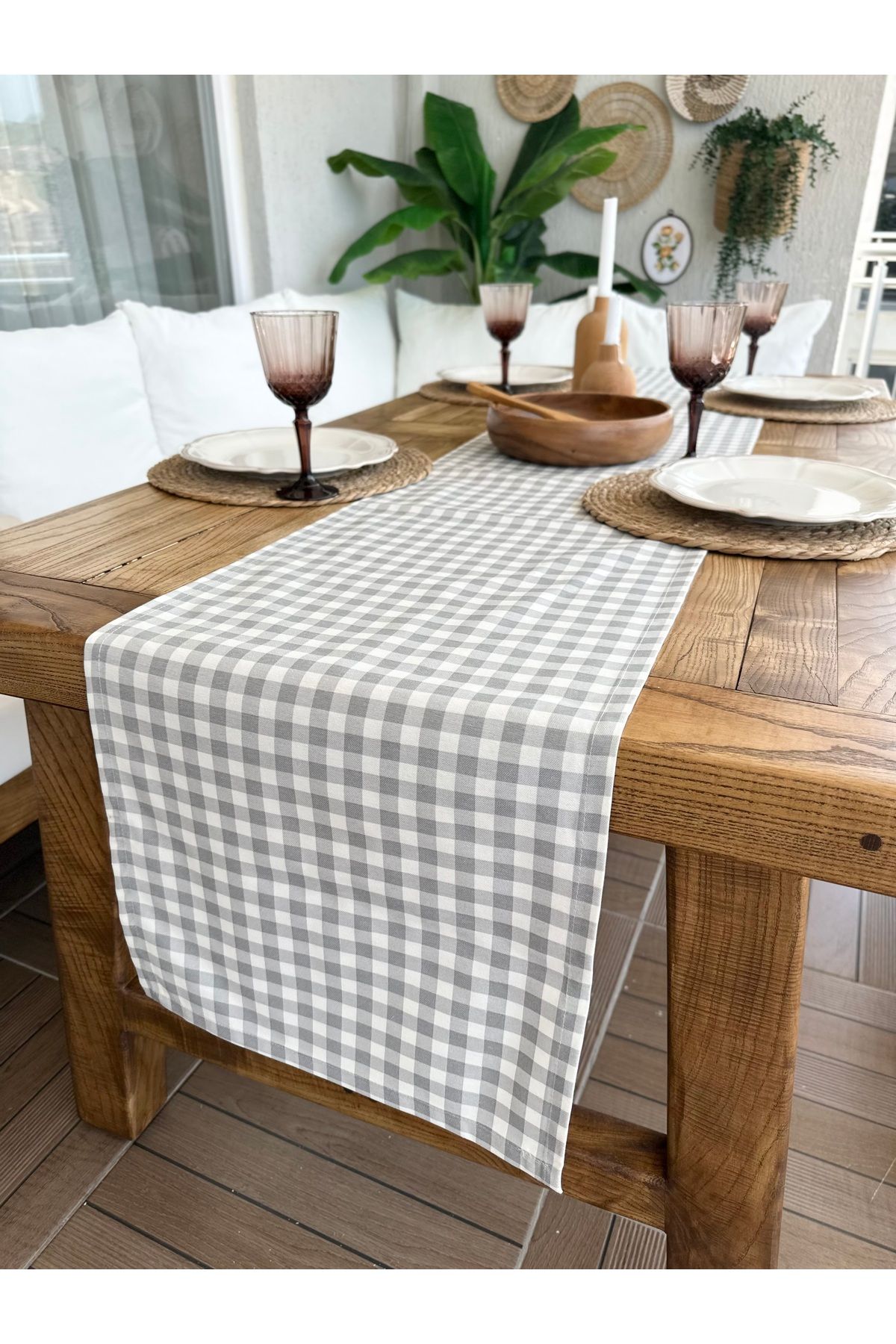 Decamor home Leke Tutmaz Sıvı Geçirmez Pötikareli Gri Runner