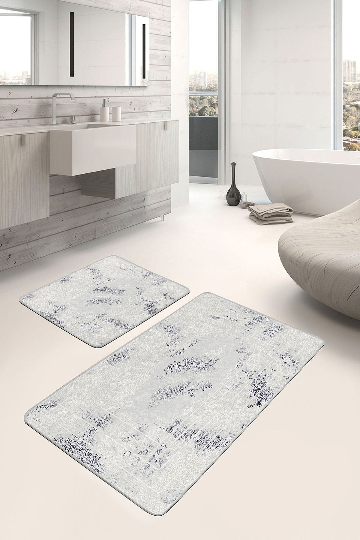 Realhomes 2'li Set Gri Zeminde Çerçeveli Motifli Eskitme Eskitme Motifli Geometrik 2'li Banyo Paspas Takımı