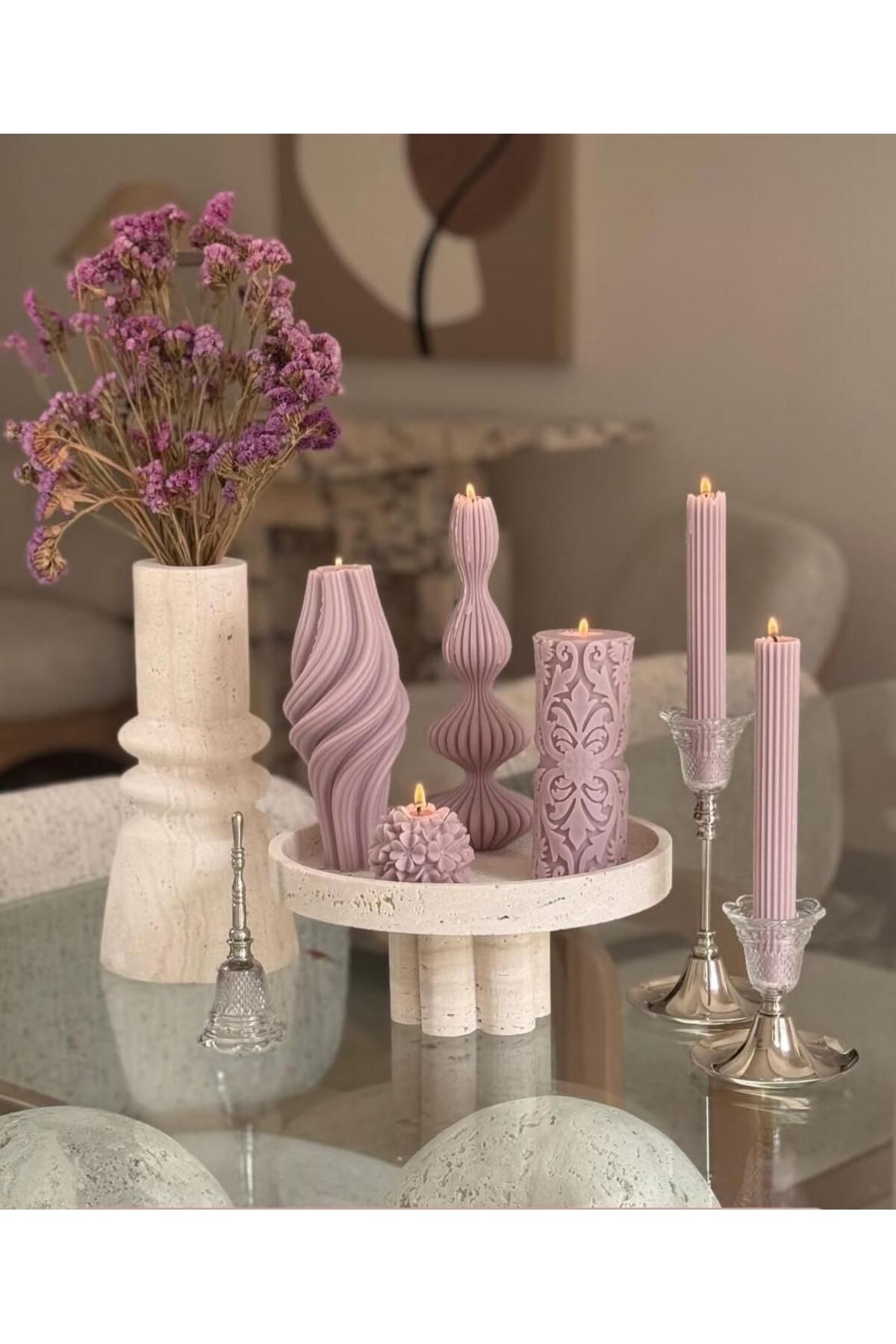 SCA CANDLE Dekoratif Mum Dalga+Vazo Mum +Gül +Çizgili Mum +şamdanlık Mum Toplam 6 Parça