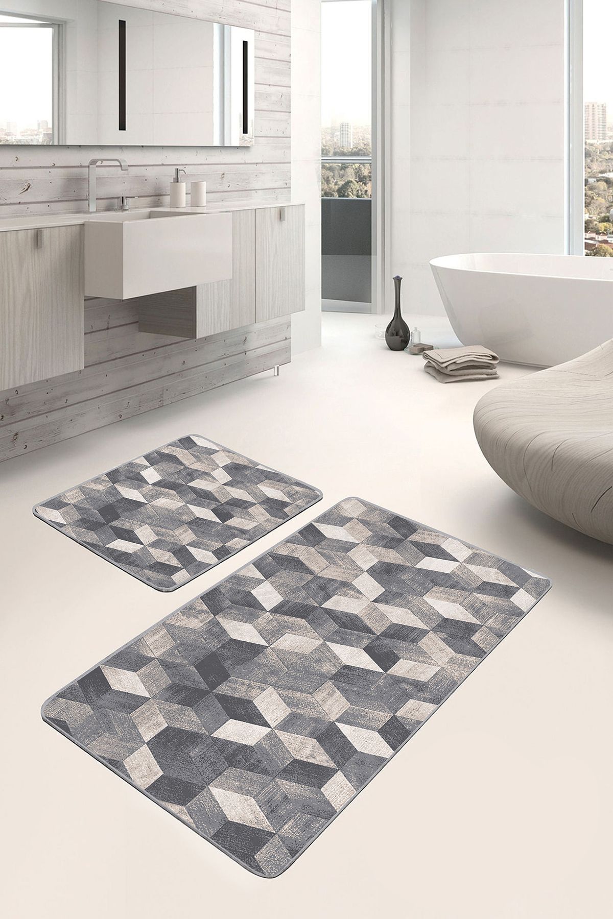 Realhomes Bej - Gri Zeminde Örgü Motifli Geometrik Geometrik Eskitme Motifli 2'li Banyo & Mutfak Paspas Takımı