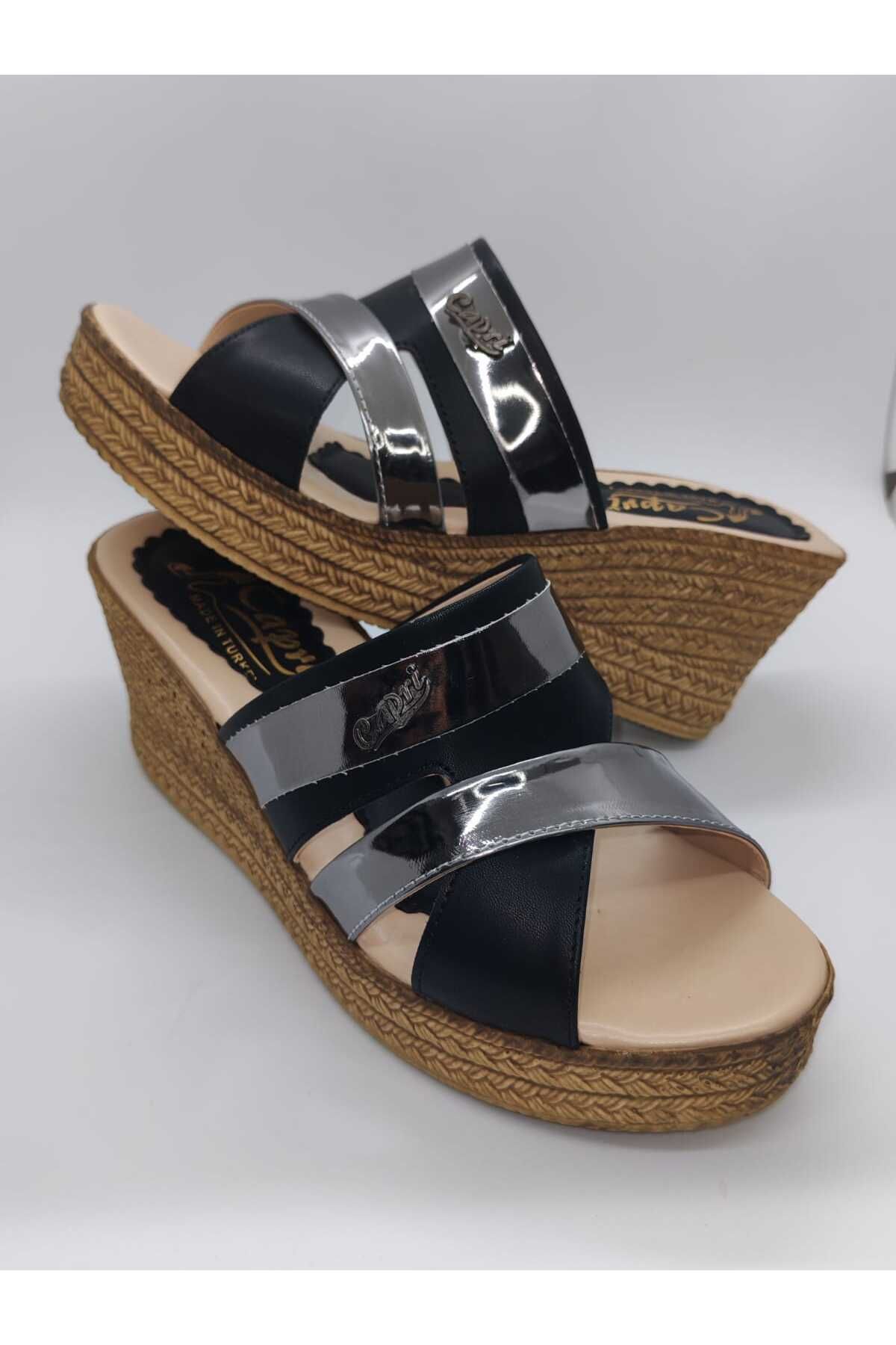 CAPRİ MODA Capri Siyah Gümüş Bantlı Hasır Platform terlik KADIN