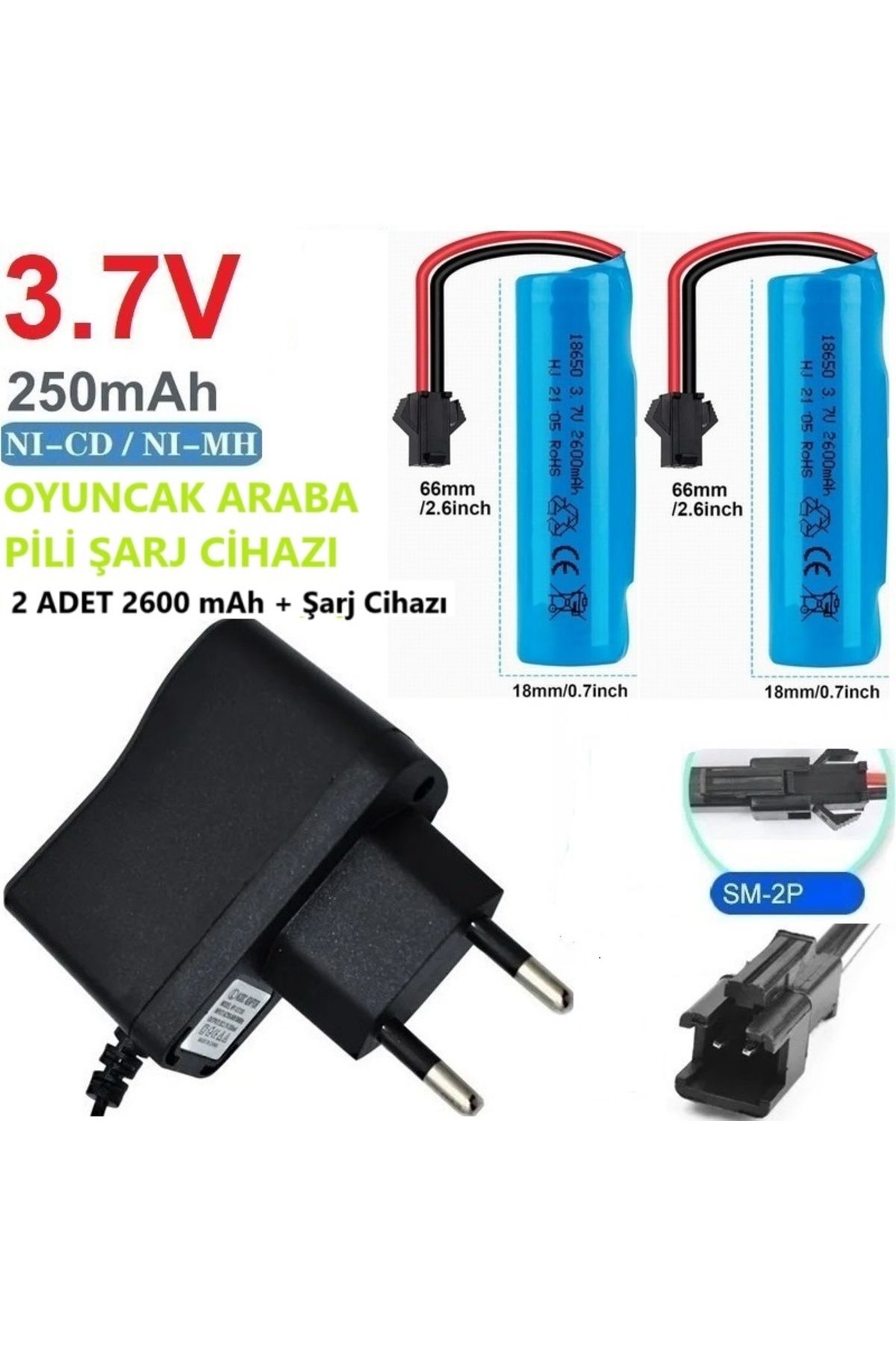 Day Oyuncak Araba Pili Şarj Cihazı + 2 ADET 2600 mAh 3.7V 18650 Li-Ion Pil