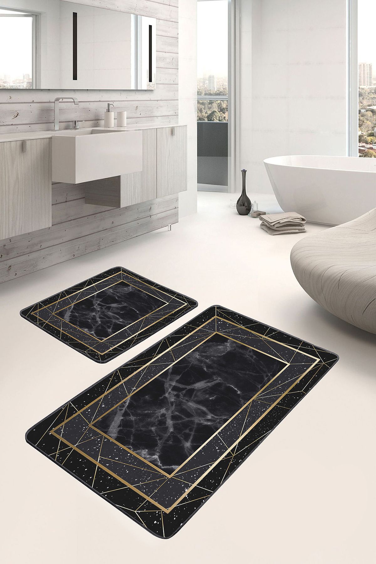 Realhomes 2'li Set Siyah - Gold Zeminde Çerçeveli Motifli Altın Geometrik Klasik 2'li Banyo Paspas Takımı