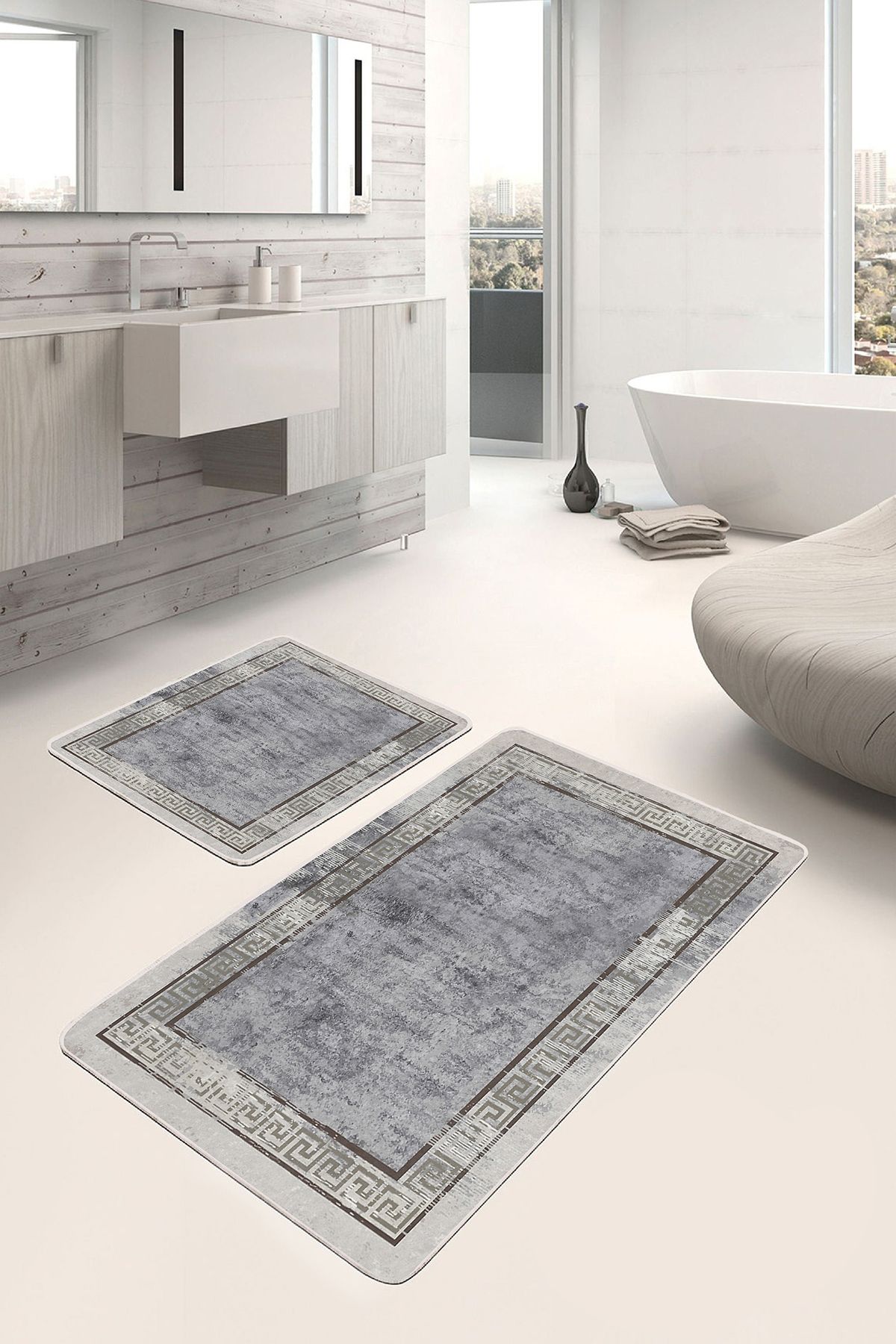 Realhomes 2'li Set Gri Zeminde Çerçeveli Motifli Antik Geometrik Eskitme Motifli 2'li Banyo Paspas Takımı
