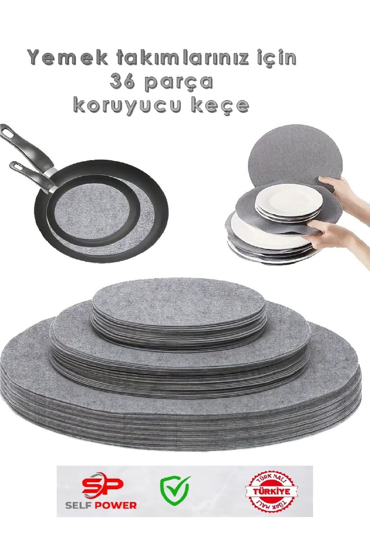 Self Power 36 Parça Gri Keçe Tabak Koruyucu, cam, kase, tabak organizer