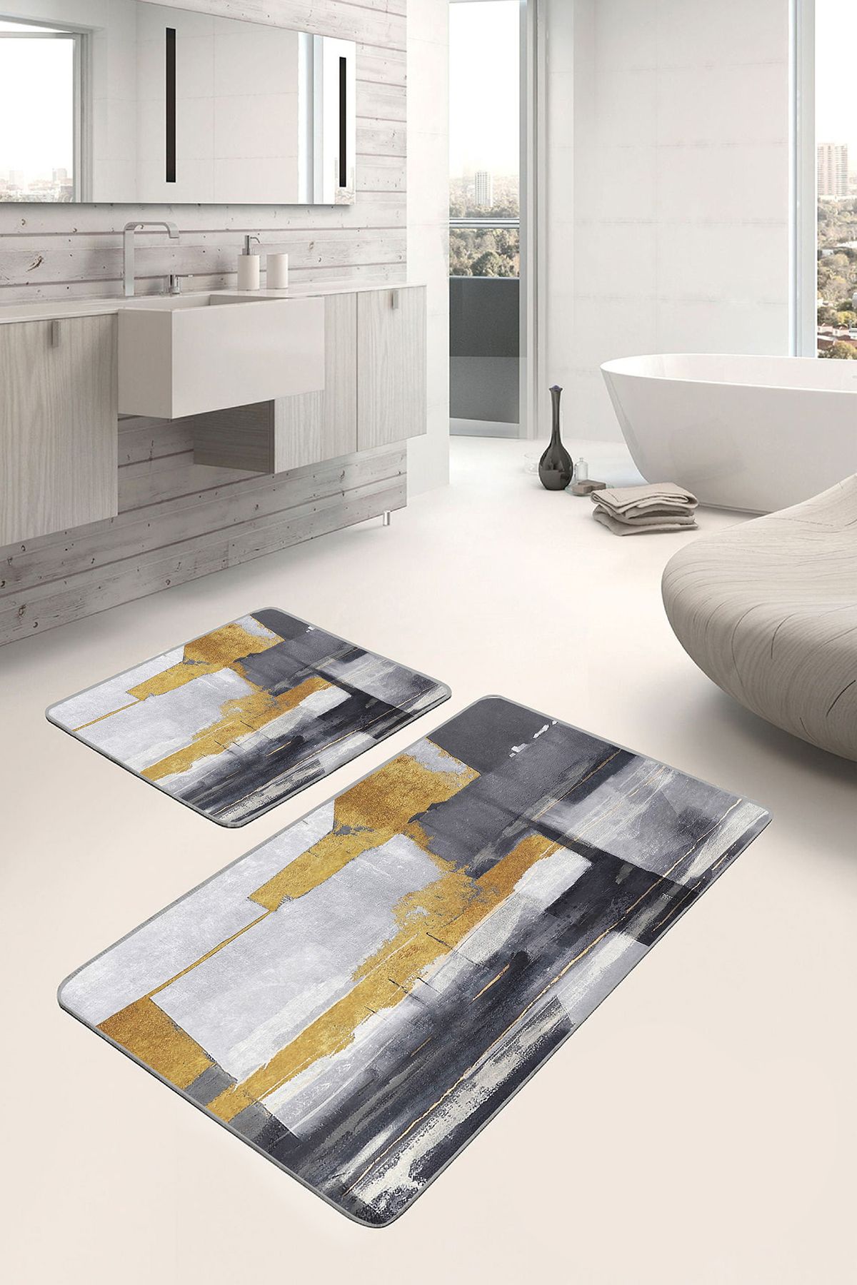 Realhomes 2'li Set Sarı - Gri Zeminde Altın Motifli Yağlıboya Desenli Modern Klasik 2'li Banyo Paspas Takımı