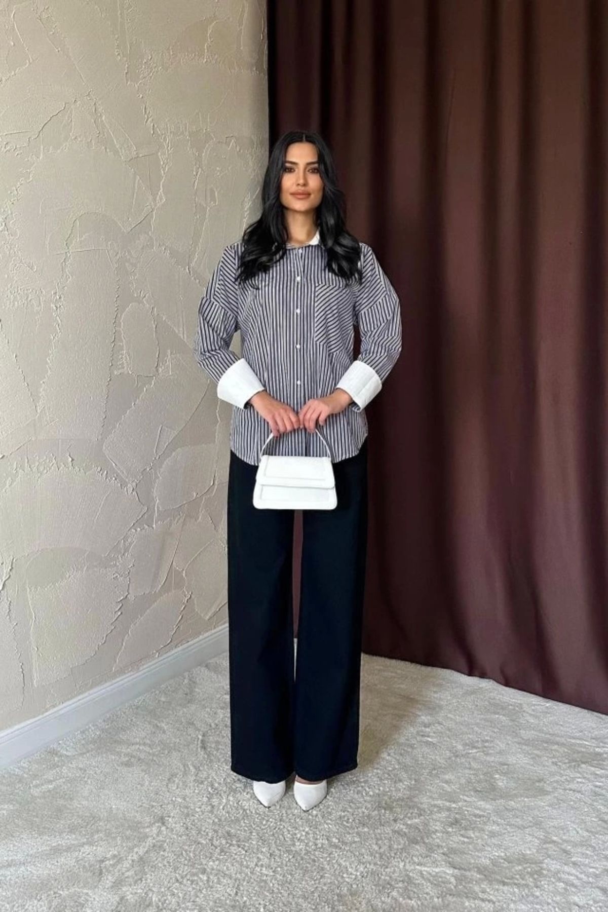 nedo7 Siyah Çizgili Poplin Uzun Kol Gömlek