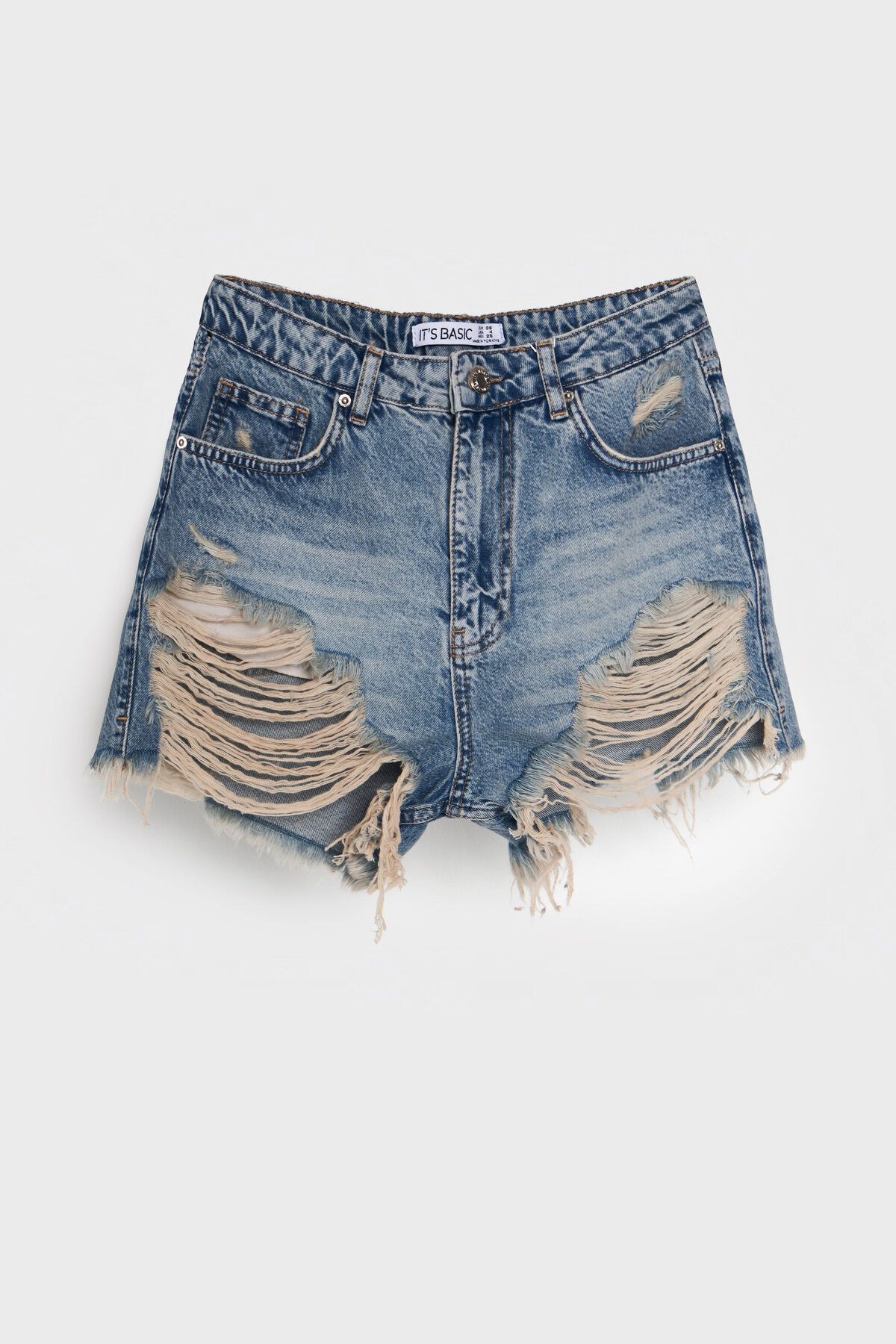 its basic Kadın T.Kot Rengi 12s5-32 Mini Boy Yüksek Bel Curved Yırtık Detaylı Püsküllü %100 Koton Denim Şort