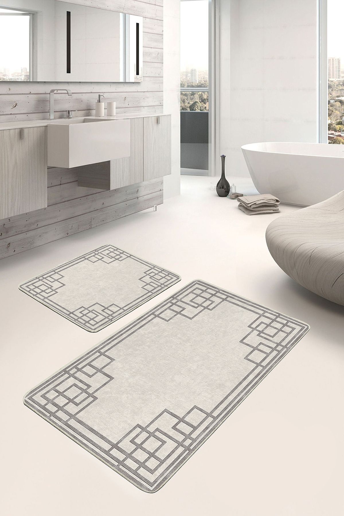 Realhomes 2'li Krem Zeminde Kilim Motifli Çerçeve Desenli Geometrik Klasik 2'li Banyo & Mutfak Paspas Takımı