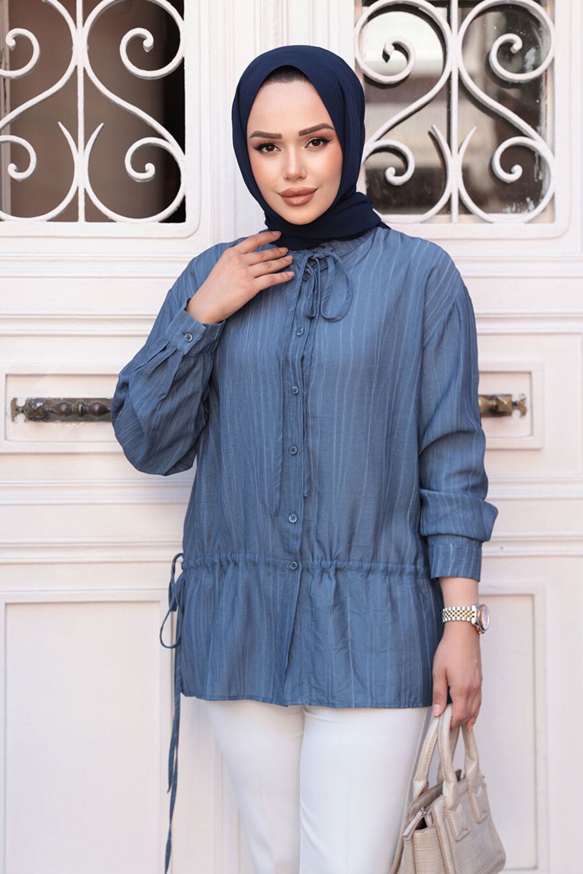 N.S NEVA STYLE Düğmeli İndigo Mavisi Tesettür Gömlek 32358IM