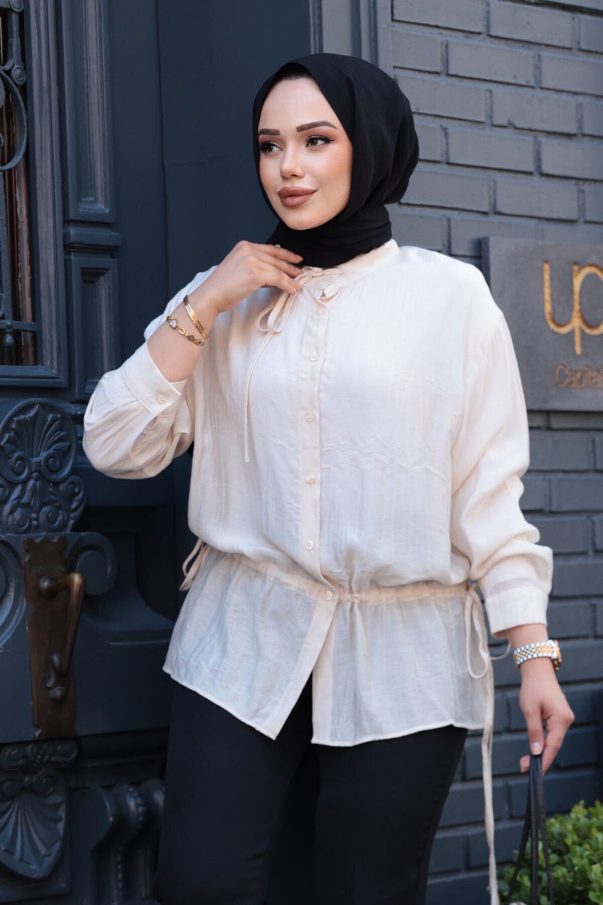 N.S NEVA STYLE Düğmeli Bej Tesettür Gömlek 32358BEJ