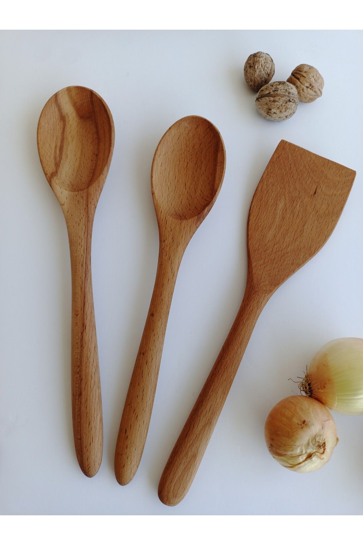 AYSAN Ahşap El Yapımı 3 Parça tahta kaşık Spatula seti.