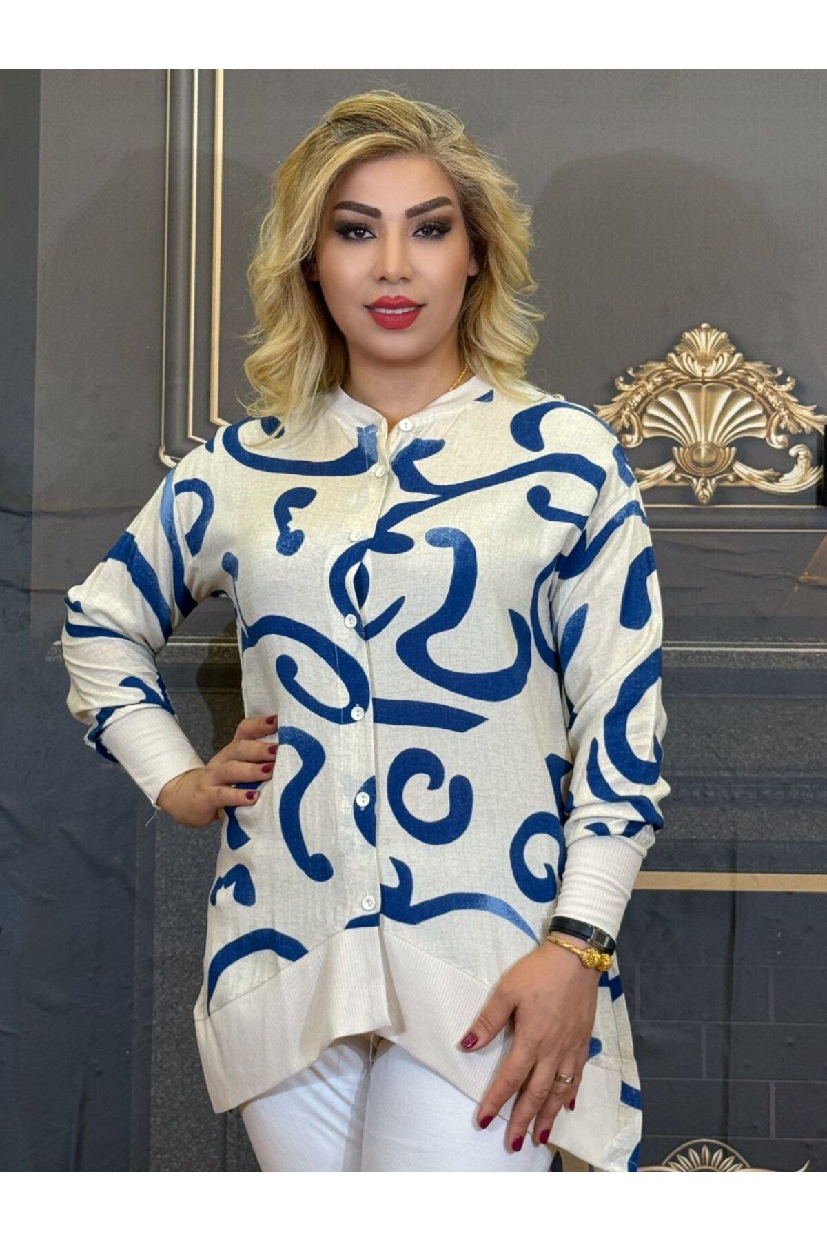 Yeşilmoda bluz Mavi desenli Uzun kollu Günlük pamuklu Düğmeli Kadın Tunik