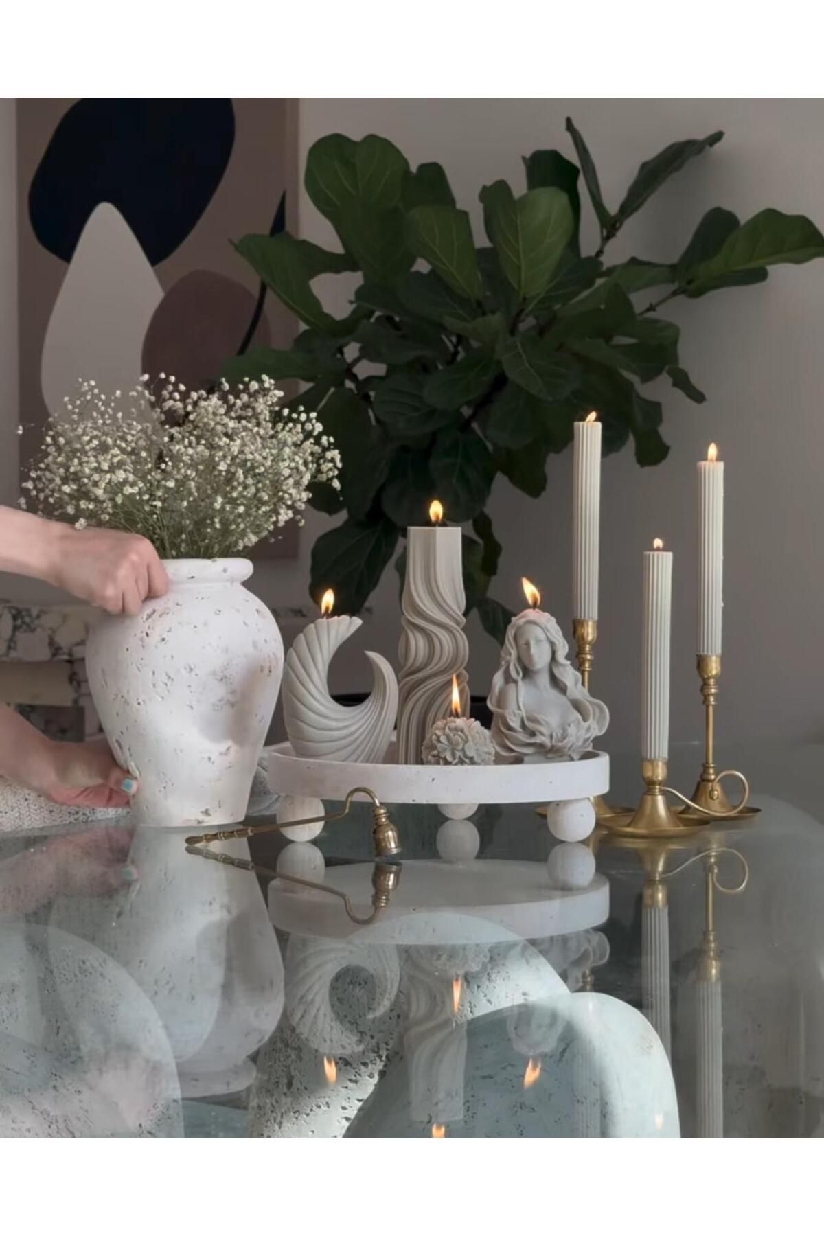 SCA CANDLE Dekoratif Mum Ay +Dalga +Kadın +Gül+Çizgili Şamdan Mum