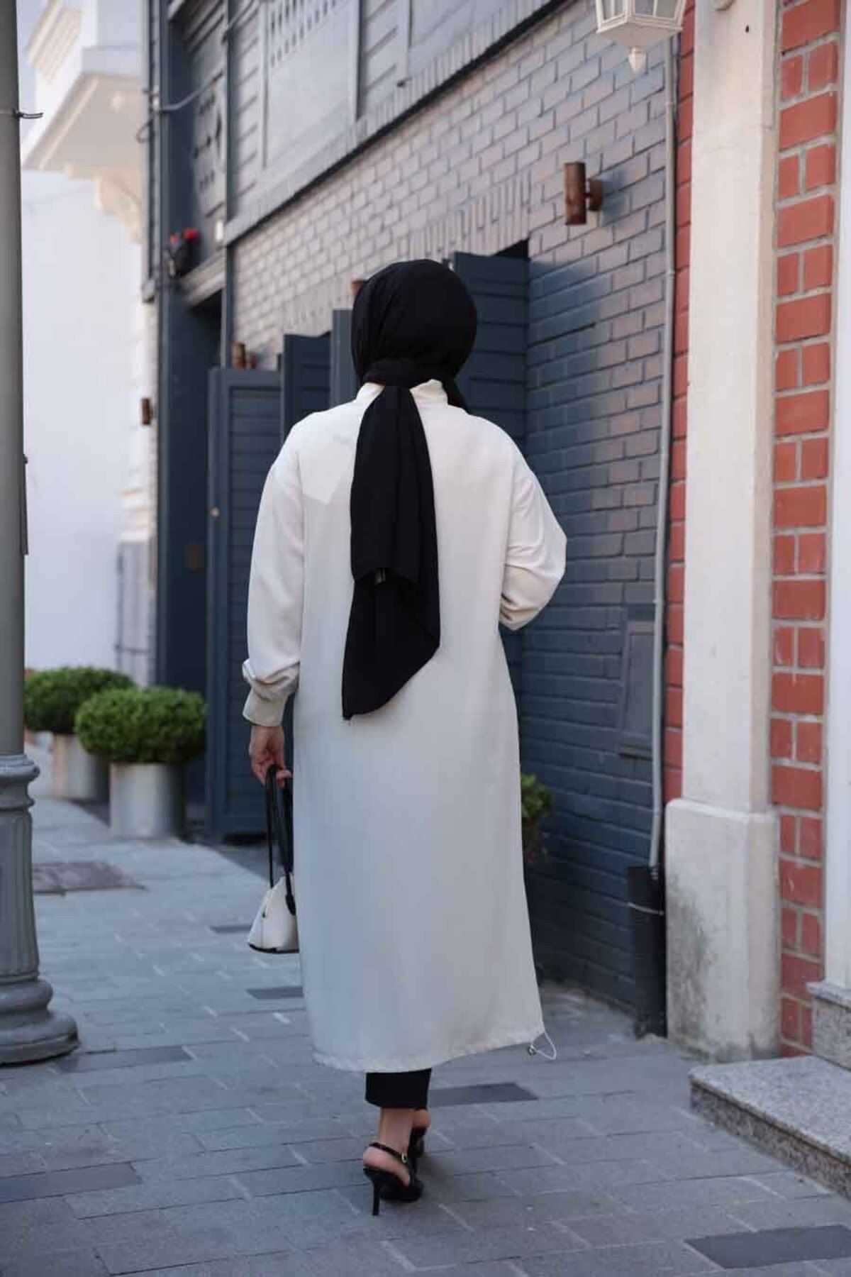 N.S NEVA STYLE-Fitted Beige Hijab Coat 15201Beige 3