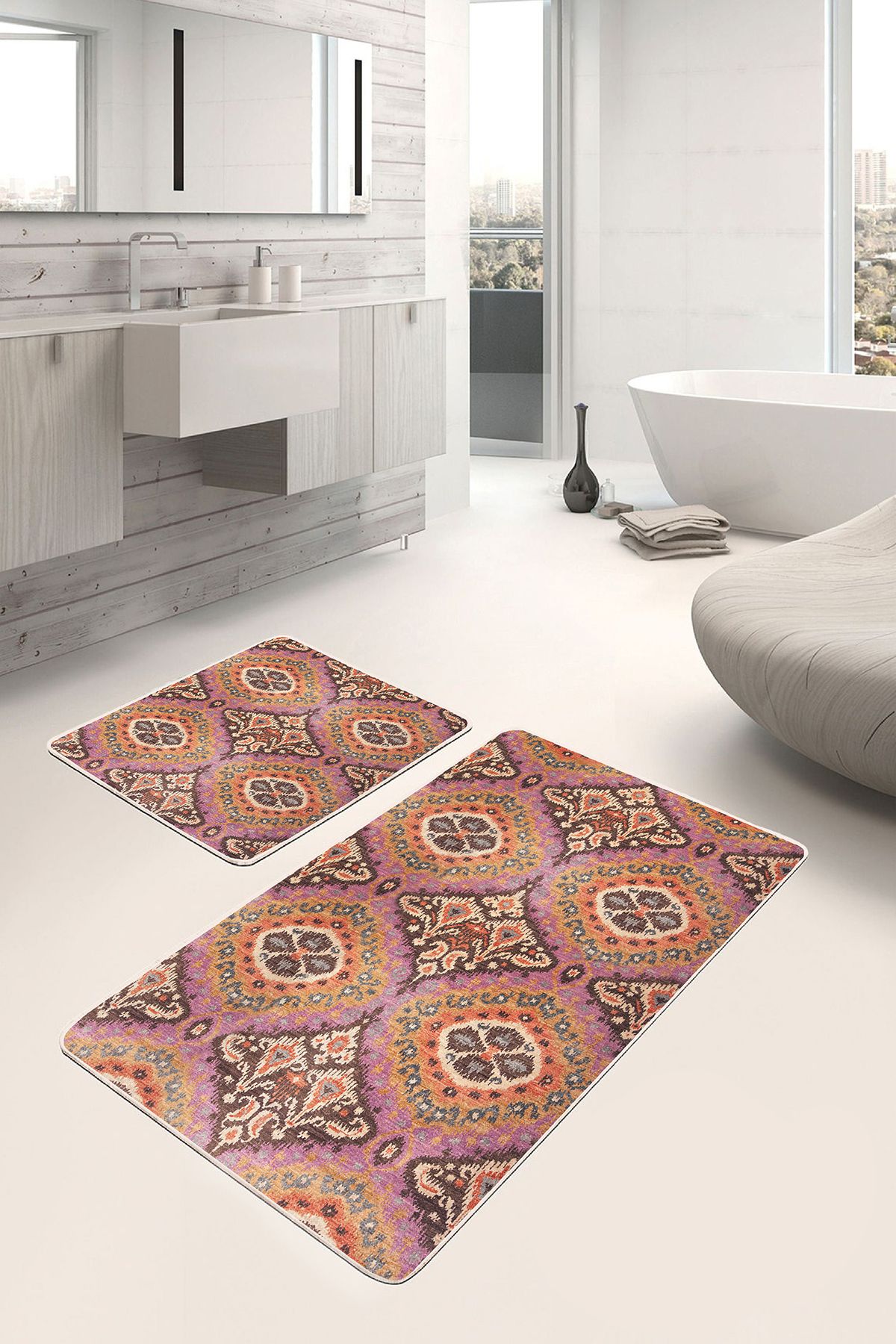 Realhomes 2'li Pembe Zeminde Ikat Motifli Yöresel Desenli Avangarde Vintage 2'li Banyo & Mutfak Paspas Takımı