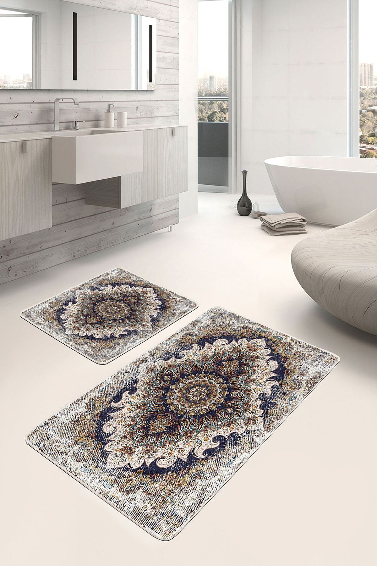 Realhomes Otantik Zeminde Göbekli Halı Motifli Hereke Desenli Eskitme Motifli Vintage 2'li Banyo Paspas Takımı