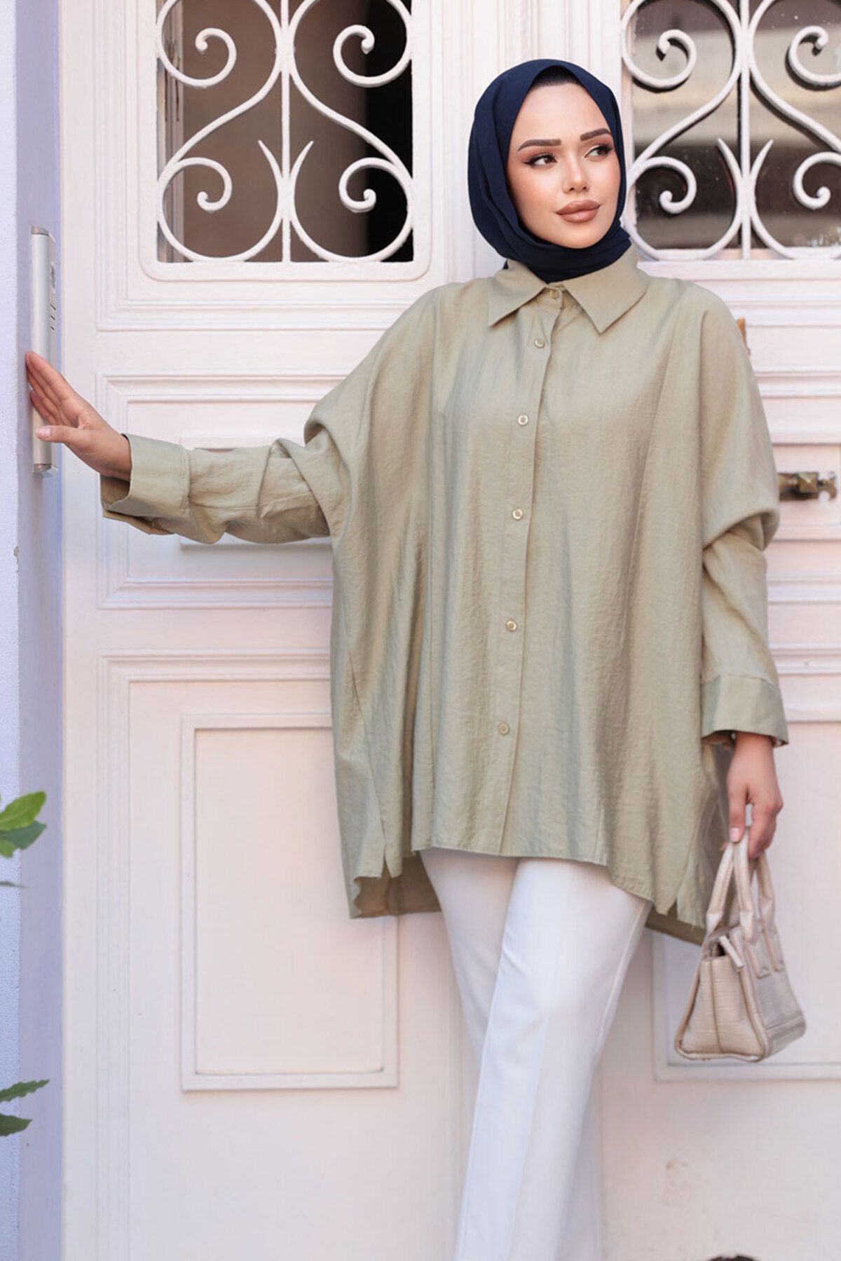 N.S NEVA STYLE Düğmeli Açık Haki Tesettür Gömlek 10684AHK
