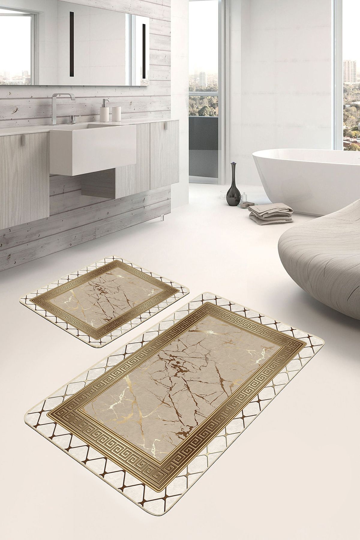 Realhomes 2'li Set Altın - Bej Zeminde Mermer Motifli Çerçeve Geometrik Avangarde 2'li Banyo Paspas Takımı