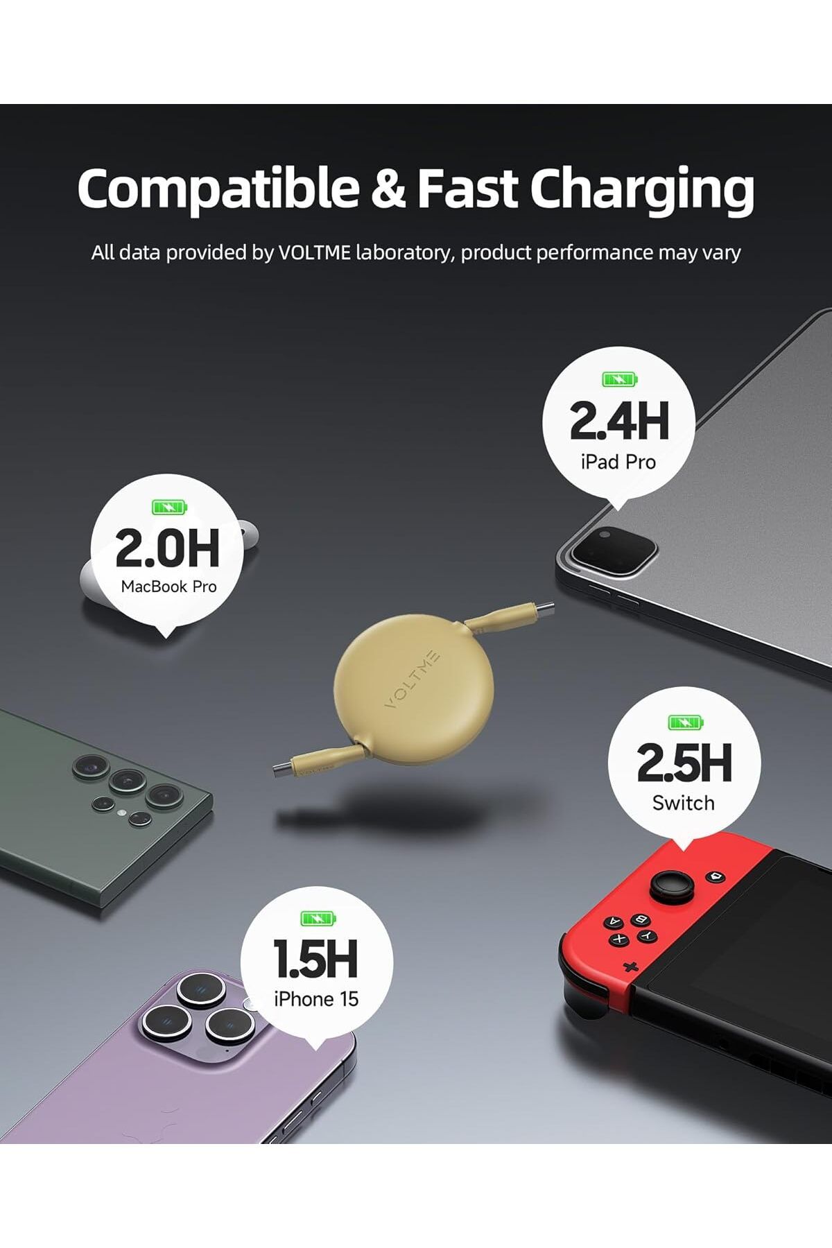 VOLTME-كابل USB C قابل للسحب بقوة 100 وات، بطول 1 متر، سلك شحن سريع PD 5A، USB C إلى USB C لسلسلة iPhone 16، 7