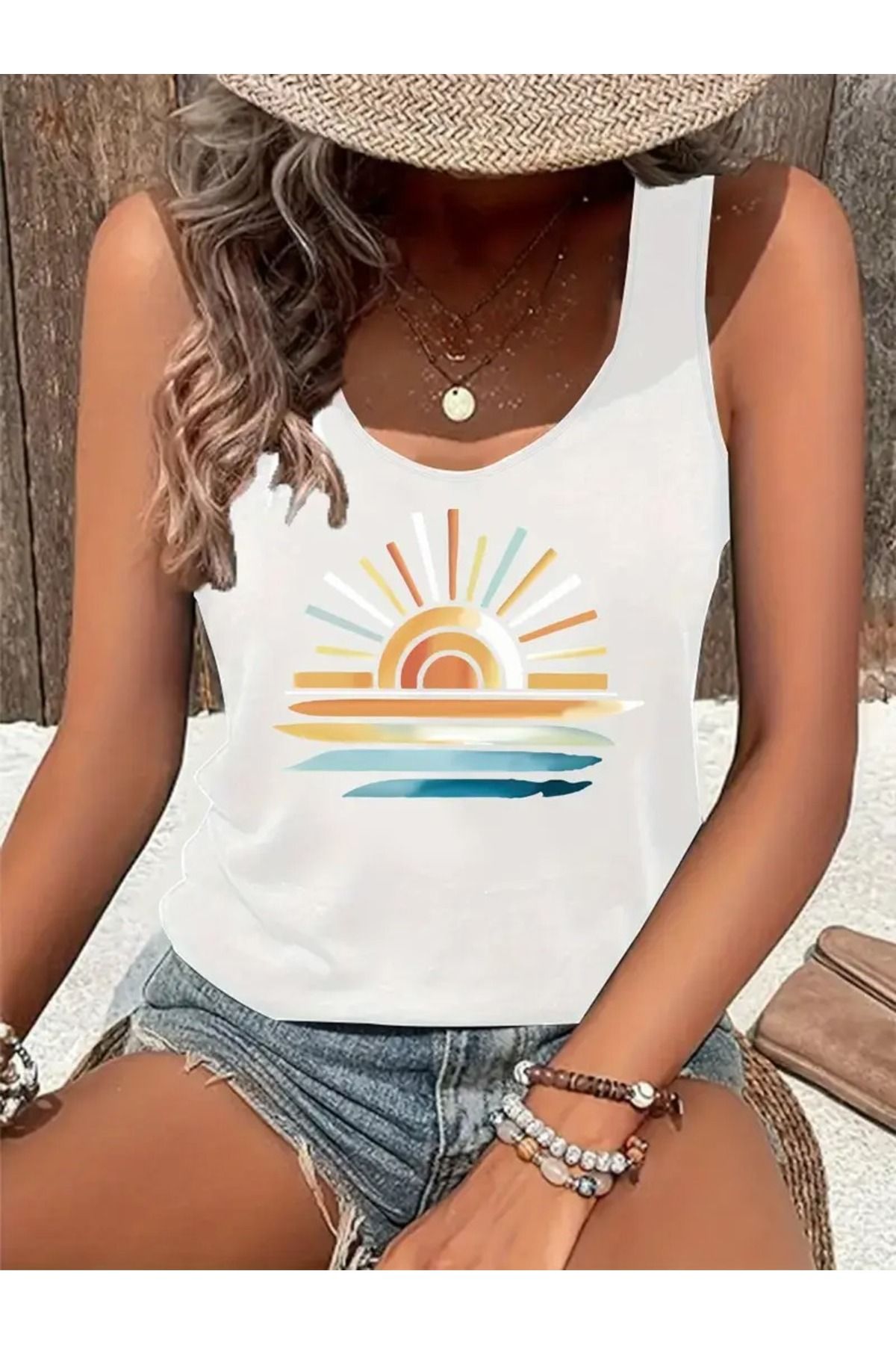mercoledi Kadın Kolsuz Baskılı Yuvarlak Yaka Üst T-shirt