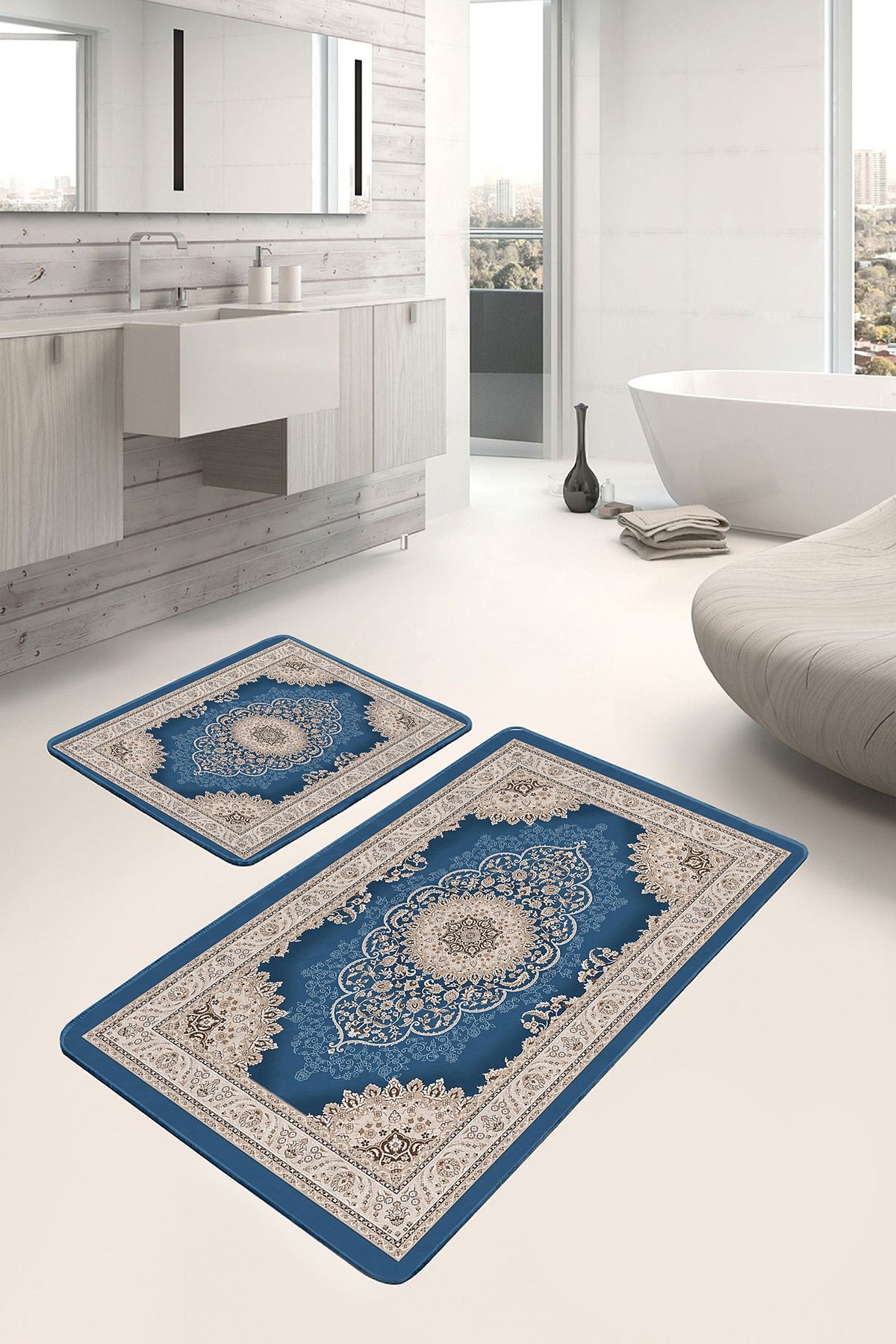 Realhomes Mavi Zeminde Göbekli Halı Motifli Kilim Avangarde Etnik Motifler 2'li Banyo & Mutfak Paspas Takımı