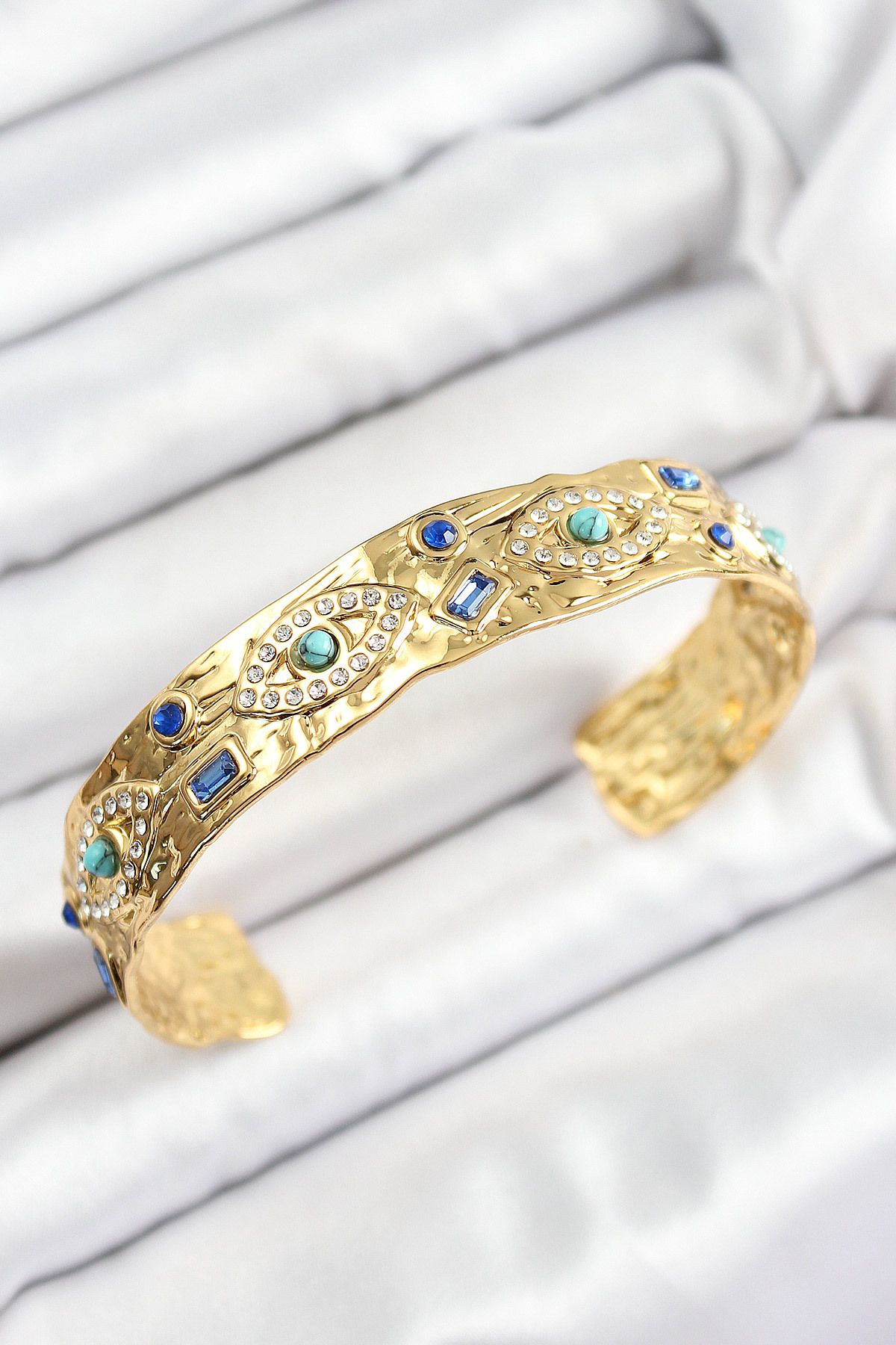 callerrons accessories Pirinç Zirkon Taşlı Mavi Boncuklu Göz Model Gold Renk Altı Açık Kadın Bileklik - EBJ250628W35814