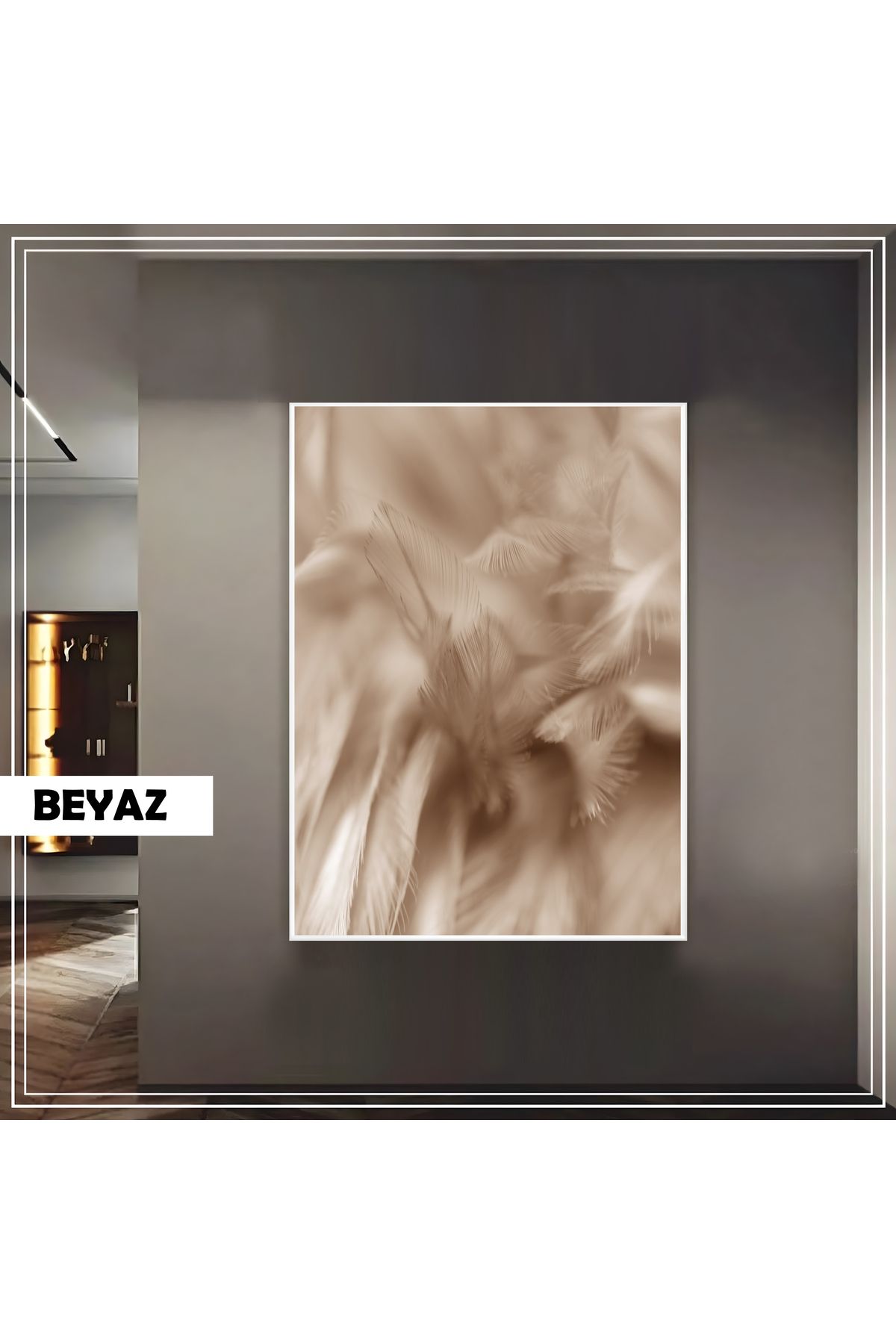 Harikabirev HARİKABİREV|SOFT KREM TÜY MODELİ (FEATHER) |ÇERÇEVELİ TEMPERLİ CAM TABLO TEKLİ DİKEY