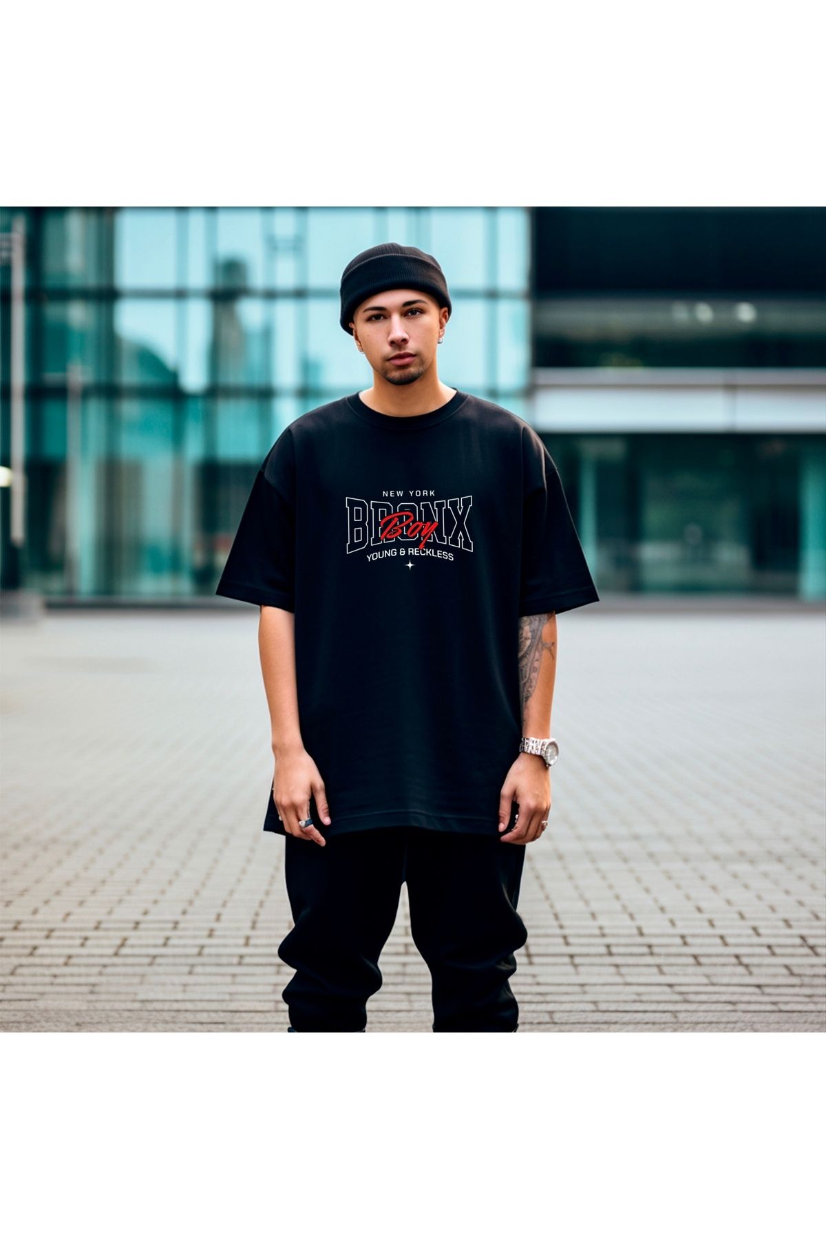 RPT MODA OVERSIZE RAHAT KALIP BRONX BASKILI YÜKSEK KALİTE KUMAŞ ERKEK T-SHIRT