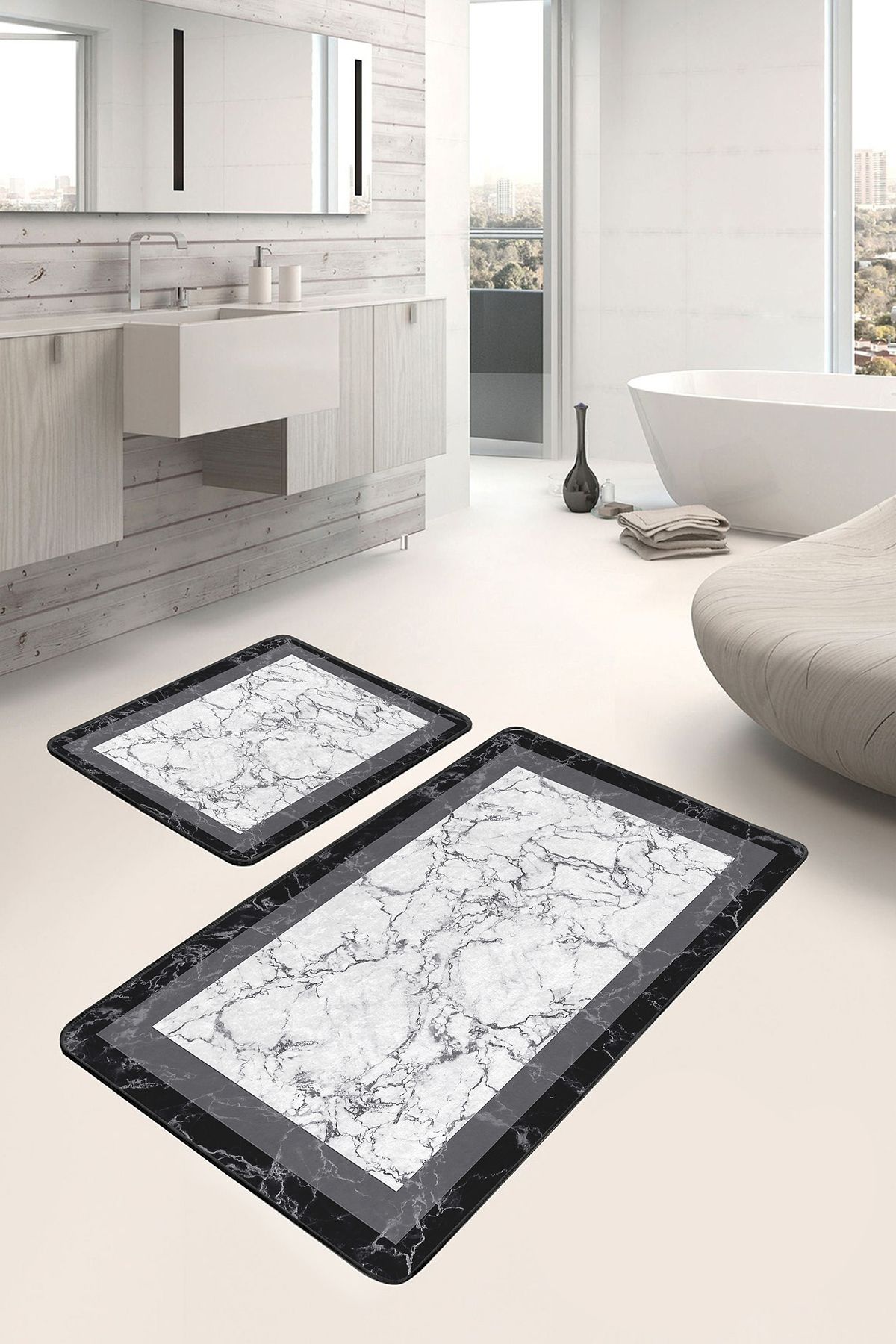 Realhomes Beyaz - Siyah Zeminde Çerçeveli Motifli Mermer Desenli Geometrik Sade & Şık 2'li Banyo Paspas Takımı
