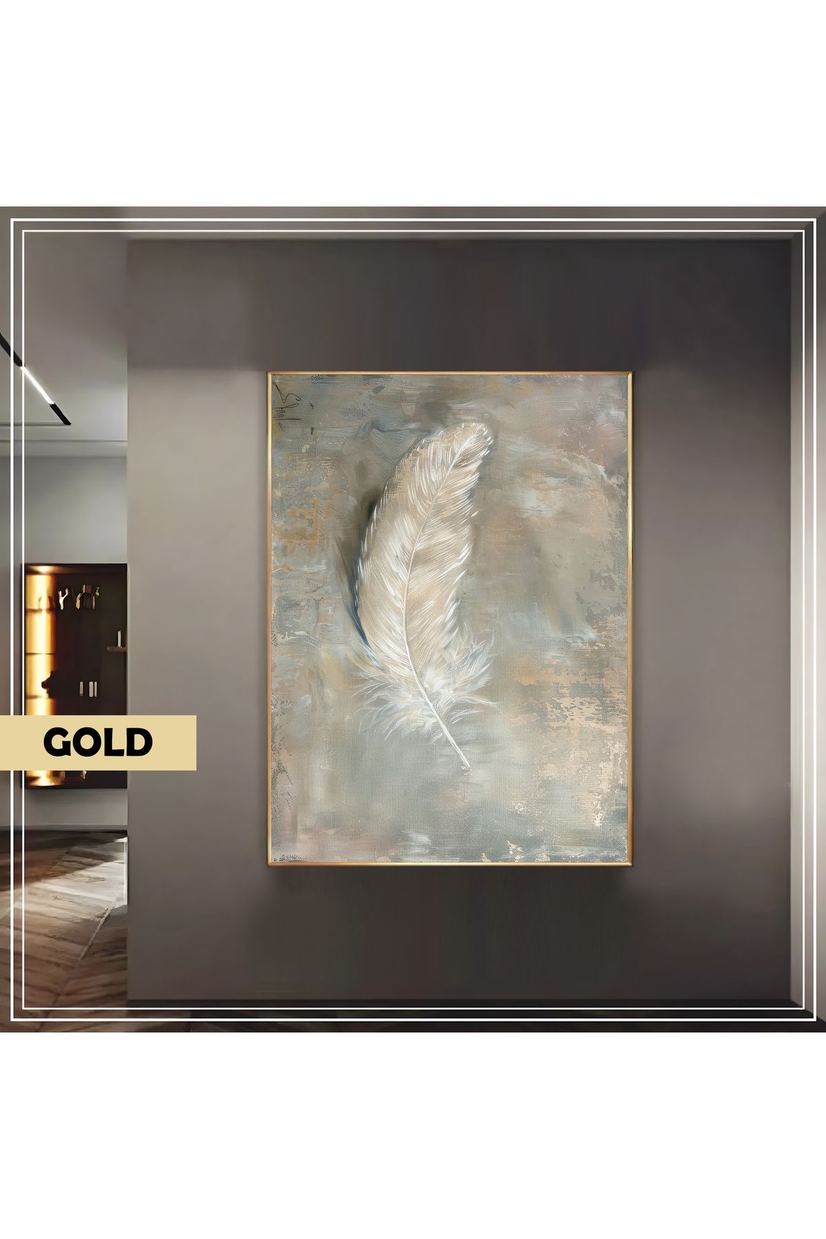 Harikabirev HARİKABİREV|SOFT GRİ KUŞ TÜYÜ MODELİ (PAINT)|ÇERÇEVELİ TEMPERLİ CAM TABLO TEKLİ DİKEY