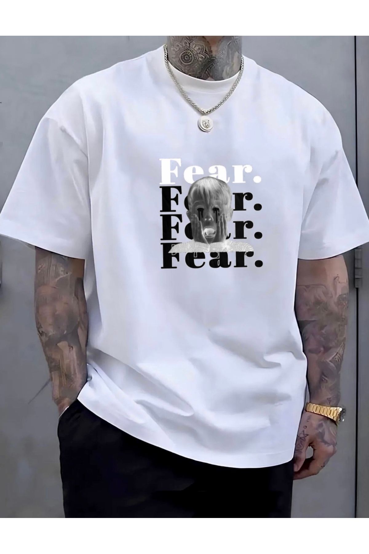 RPT MODA OVERSIZE RAHAT KALIP FEAR BASKILI YÜKSEK KALİTE KUMAŞ ERKEK T-SHIRT