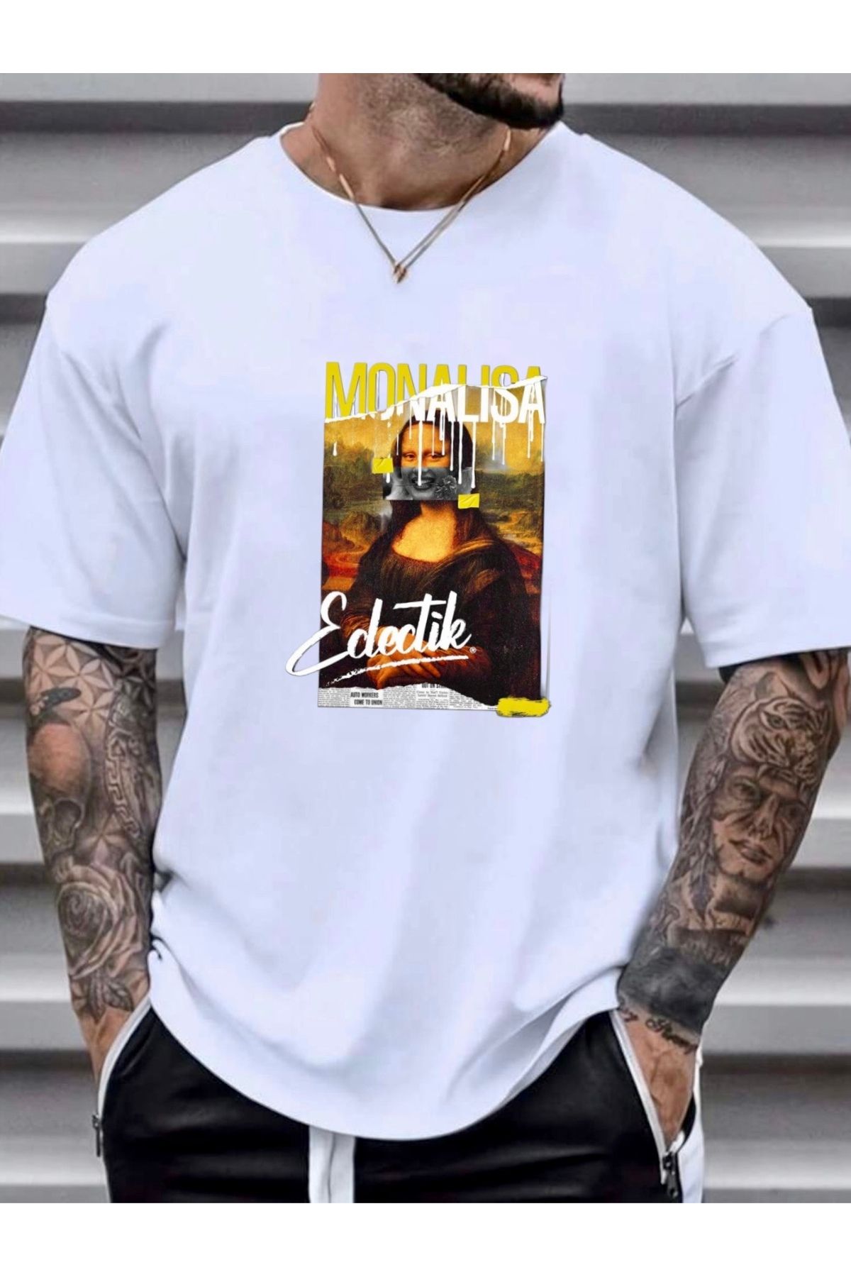 RPT MODA OVERSIZE RAHAT KALIP MONALISA BASKILI YÜKSEK KALİTE KUMAŞ ERKEK T-SHIRT