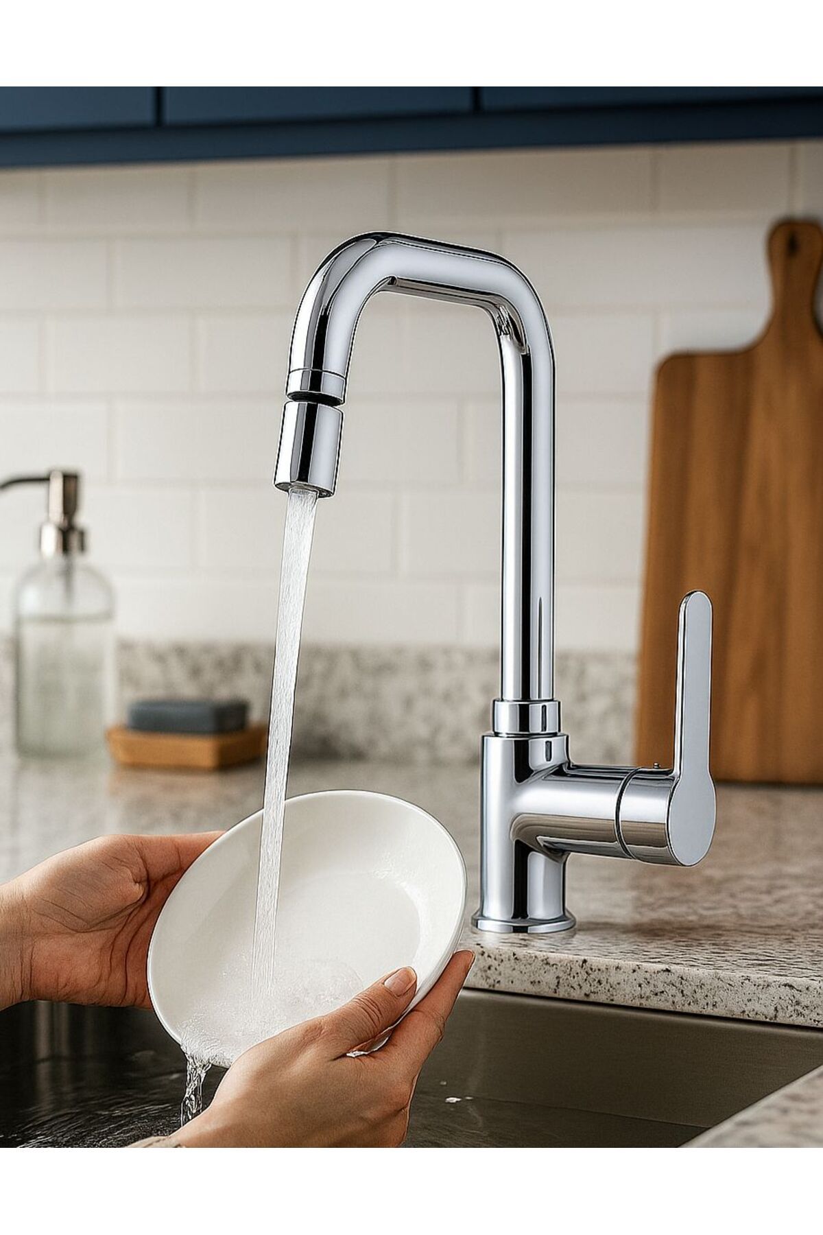 RENA DESIGN MUTFAK EVYE BATARYASI KROM MODERN 360 DERECE DÖNEBİLİR HAREKETLİ BAŞLIK PRİNÇ GÖVDE GARANTİ L MUSLUK