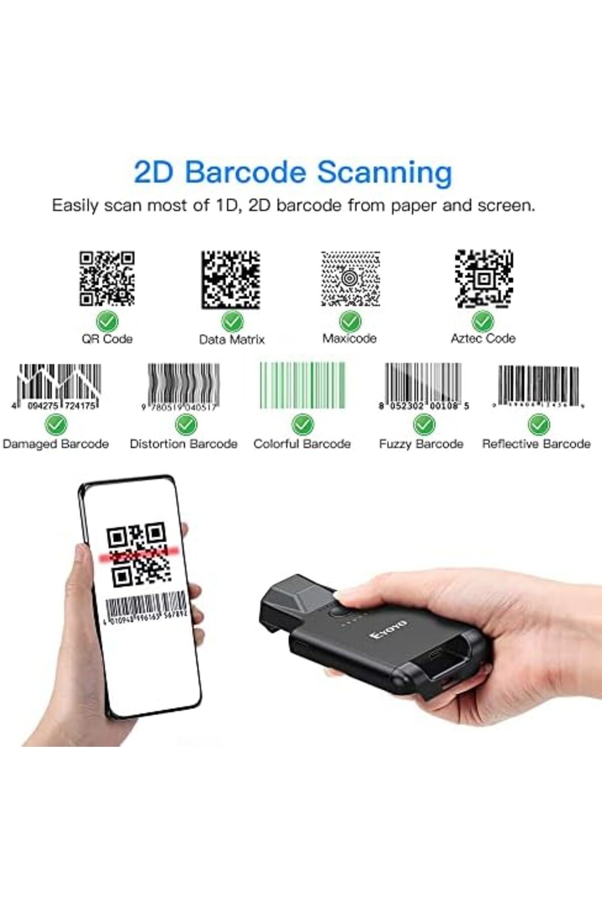 Eyoyo-Upgraded Eyoyo QR Code Scanner Bluetooth Android Barcode Scanner, Portable Back Clip Wireless 1D 2D 9