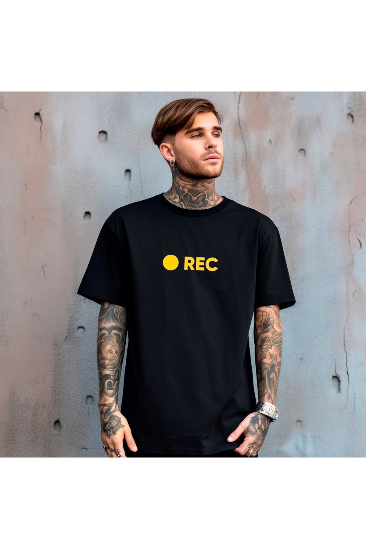 RPT MODA OVERSIZE RAHAT KALIP REC BASKILI YÜKSEK KALİTE KUMAŞ ERKEK T-SHIRT