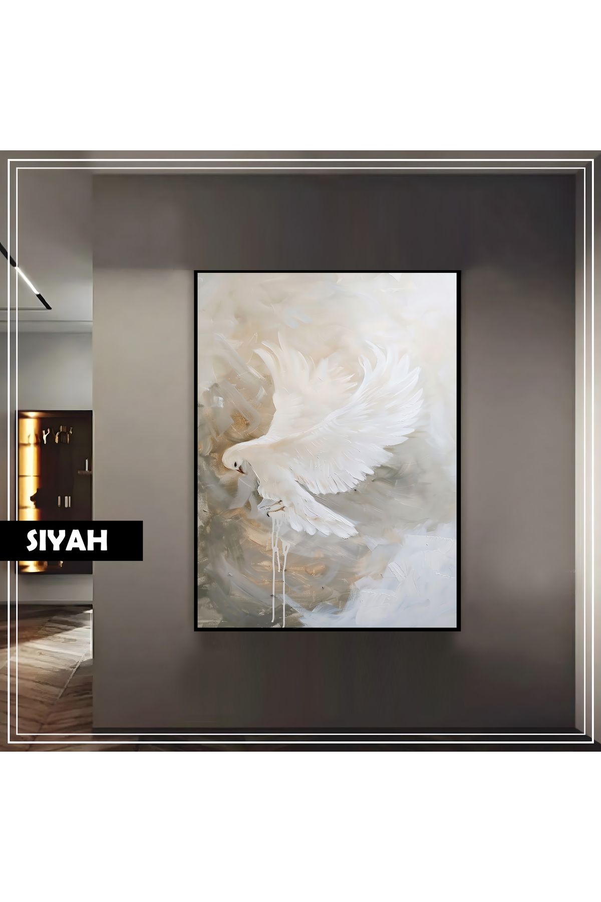 Harikabirev HARİKABİREV|SOFT GRİ KREM KUŞ MODELİ (PAINT)|ÇERÇEVELİ TEMPERLİ CAM TABLO TEKLİ DİKEY
