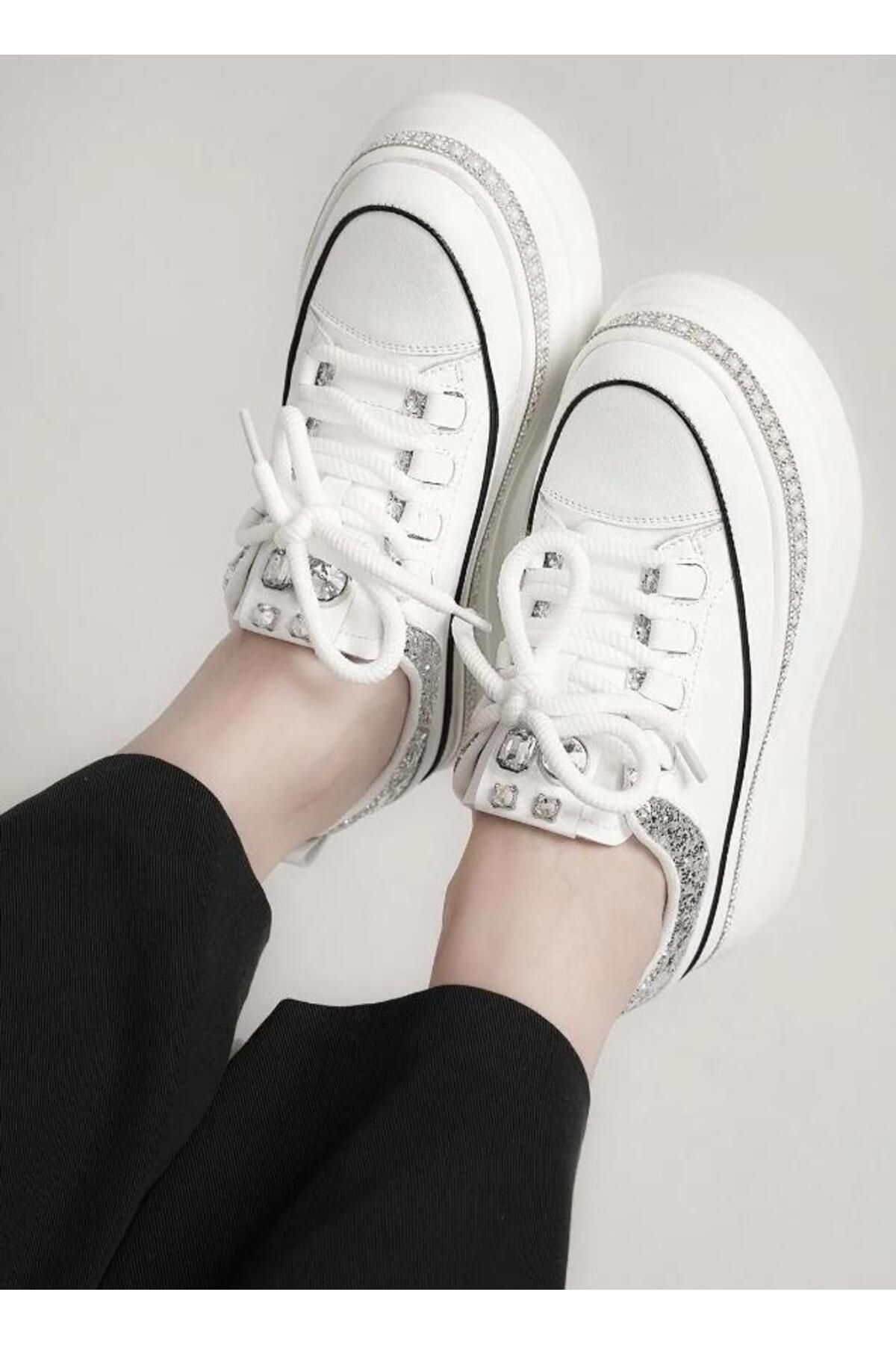 Guja 25Y423-7 Kadın Hakiki Deri 36/41 Yüksek Taban Taşlı Sneaker Ayakkabı