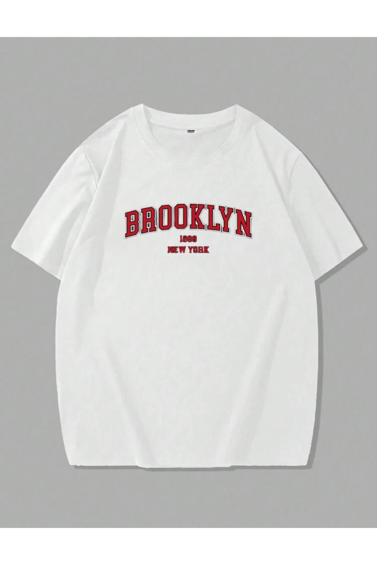 RPT MODA OVERSIZE RAHAT KALIP KIRMIZI BROOKLYN BASKILI YÜKSEK KALİTE KUMAŞ ERKEK T-SHIRT