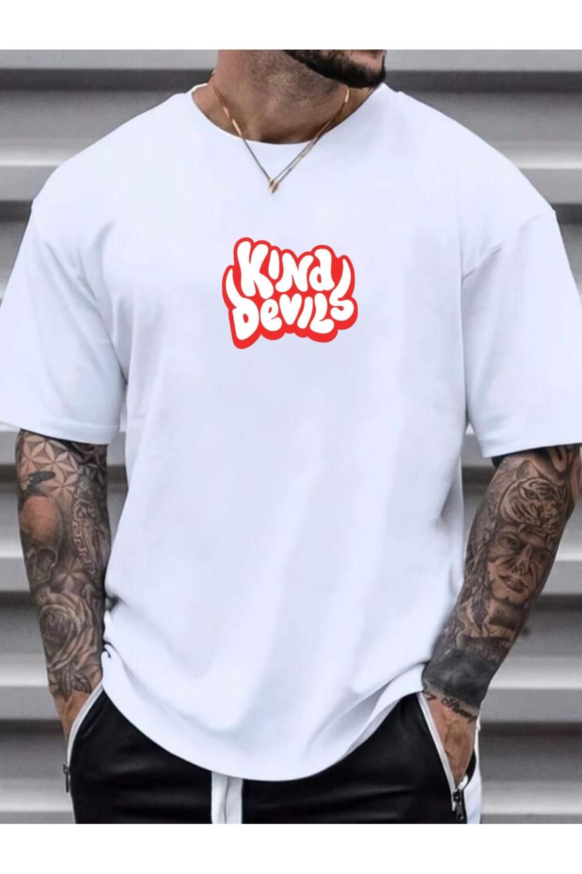 RPT MODA OVERSIZE RAHAT KALIP DEVILS BASKILI YÜKSEK KALİTE KUMAŞ ERKEK T-SHIRT