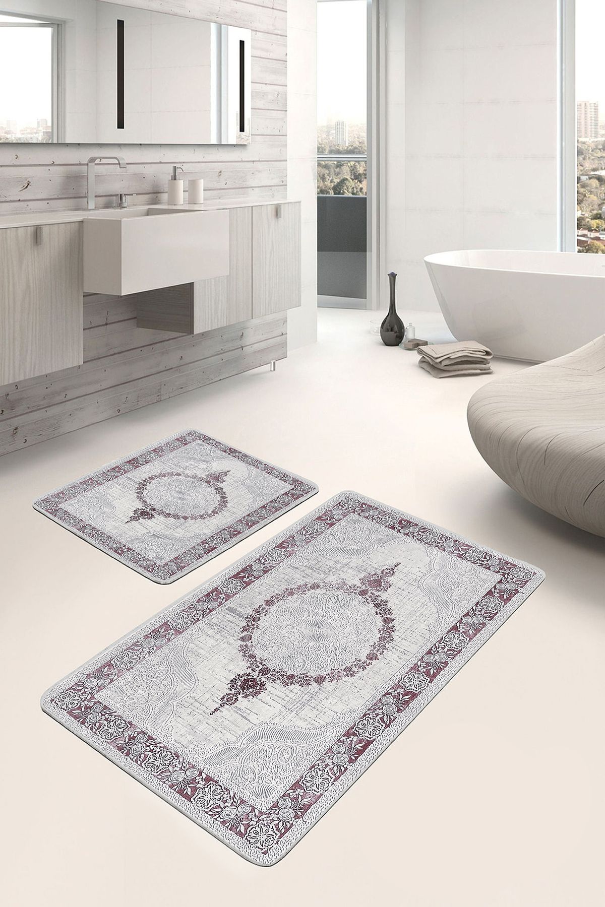 Realhomes 2'li Set Krem - Pembe Zeminde Hereke Motifli Dokuma Avangarde Sade & Şık 2'li Banyo Paspas Takımı