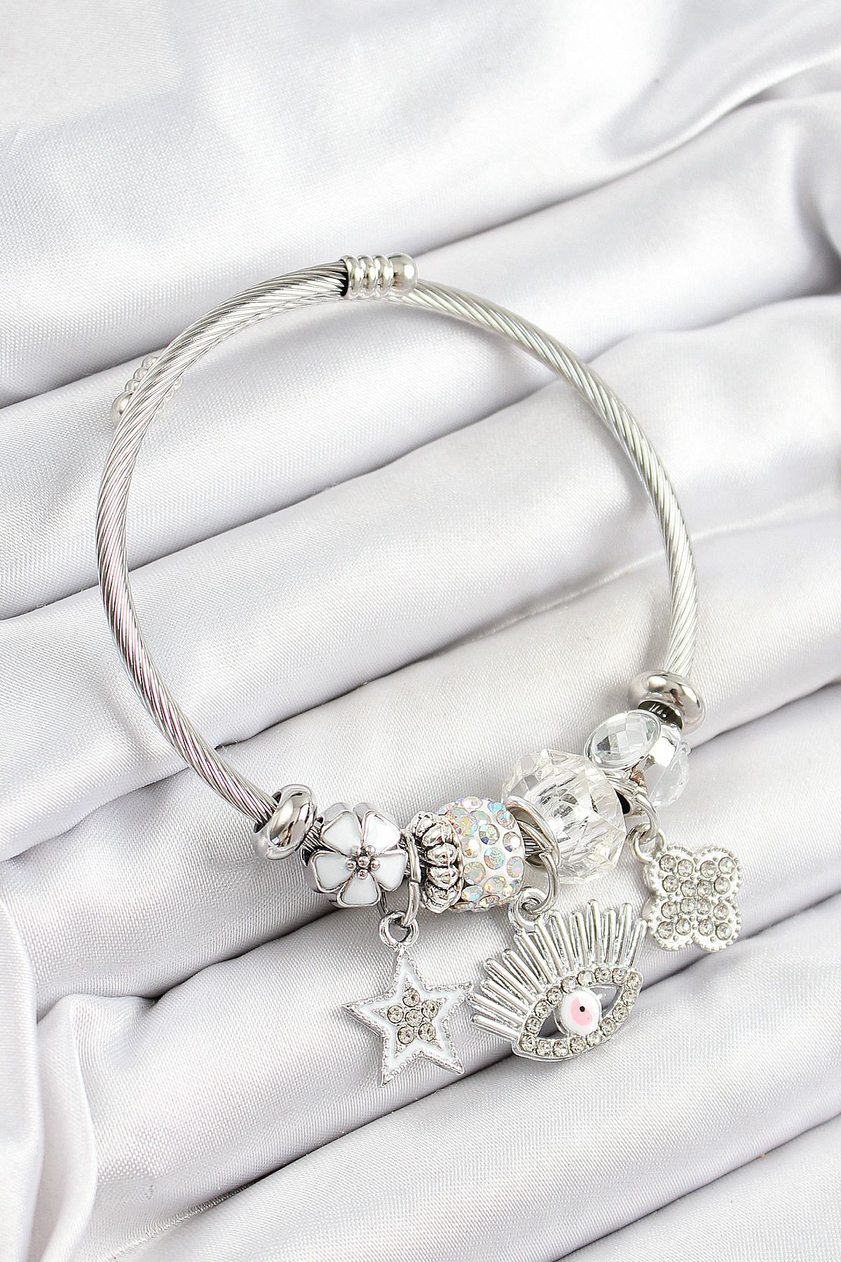 callerrons accessories Beyaz Zirkon Taşlı Yıldız Göz Ve Yonca Model Gümüş Renk Charm Bileklik - EBJ250628W35915