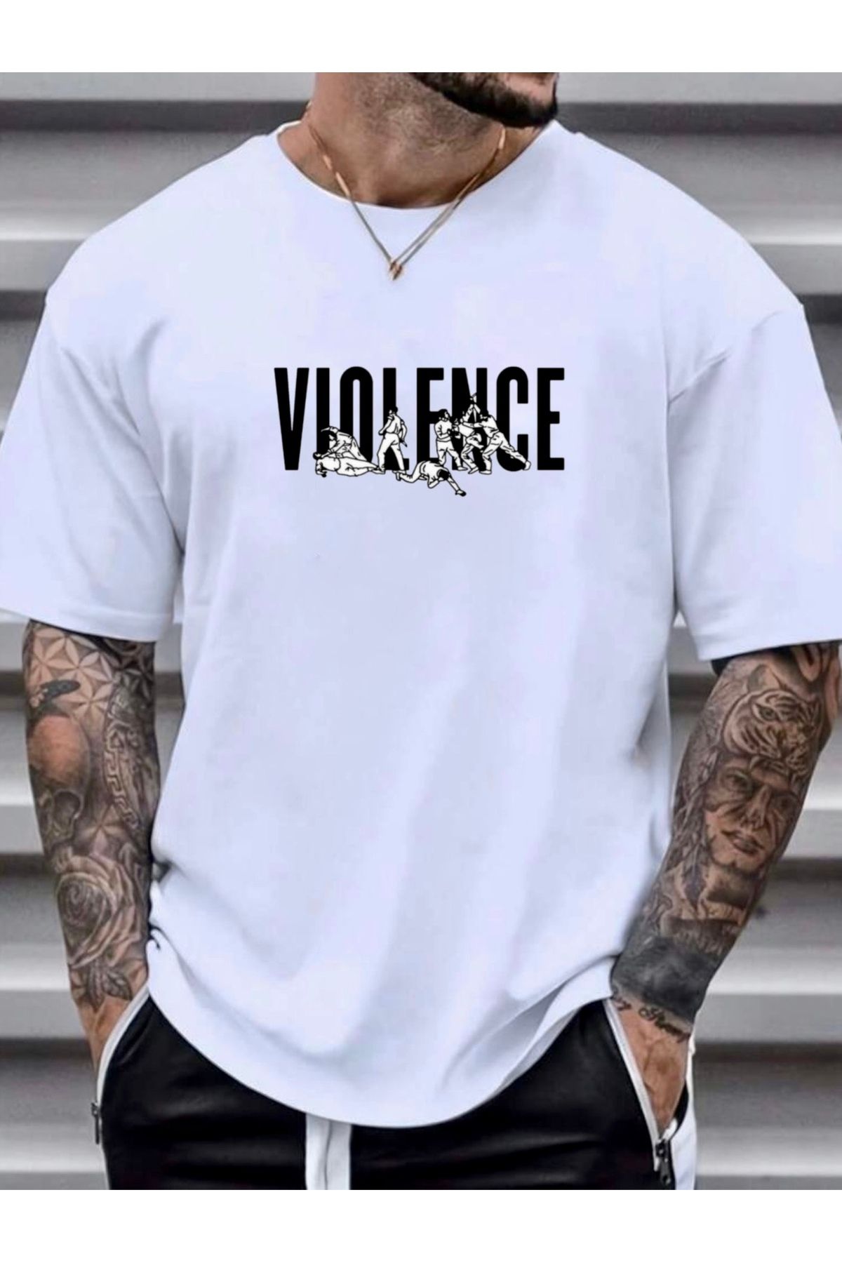 RPT MODA OVERSIZE RAHAT KALIP VIOLENCE BASKILI YÜKSEK KALİTE KUMAŞ ERKEK T-SHIRT