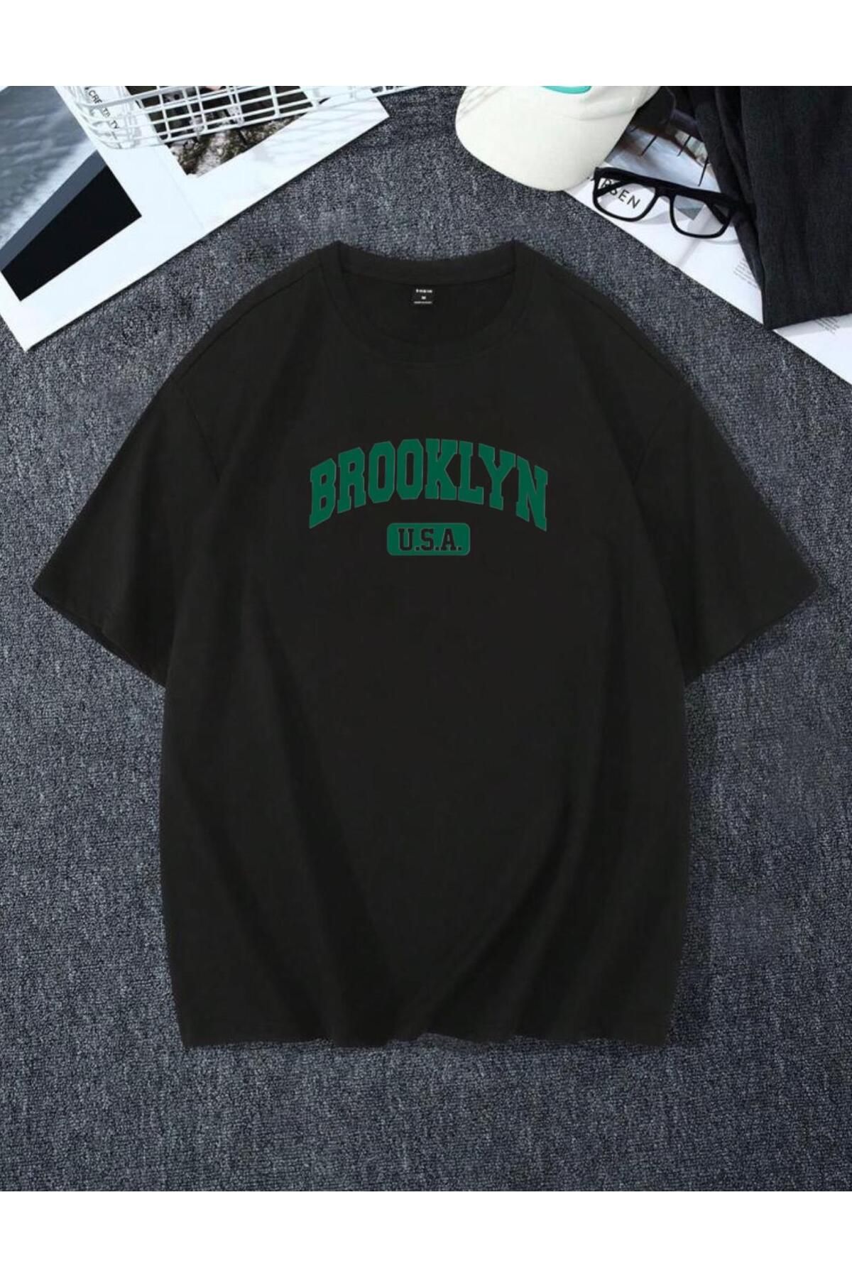 RPT MODA OVERSIZE RAHAT KALIP YEŞİL BROOKLYN BASKILI YÜKSEK KALİTE KUMAŞ ERKEK T-SHIRT