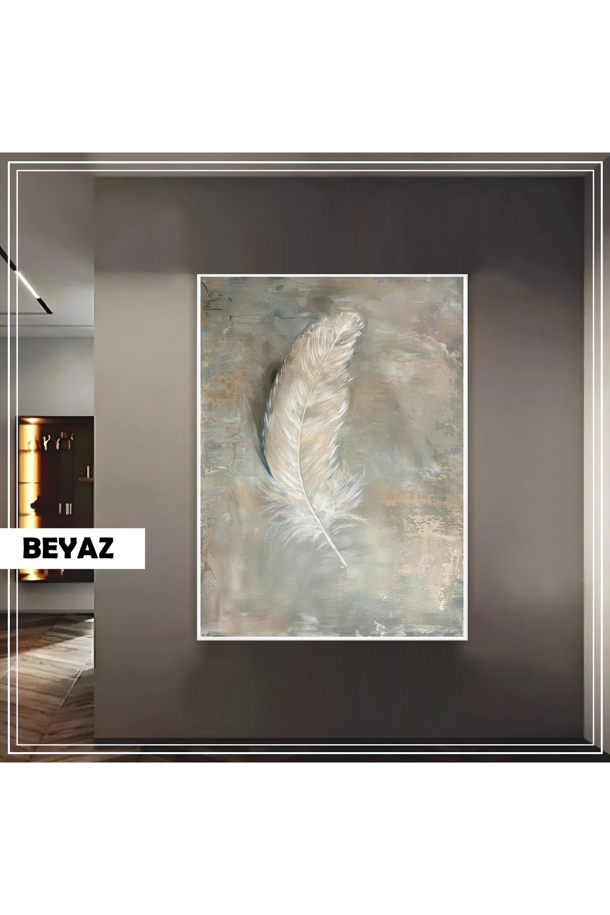 Harikabirev HARİKABİREV|SOFT GRİ KUŞ TÜYÜ MODELİ (PAINT)|ÇERÇEVELİ TEMPERLİ CAM TABLO TEKLİ DİKEY