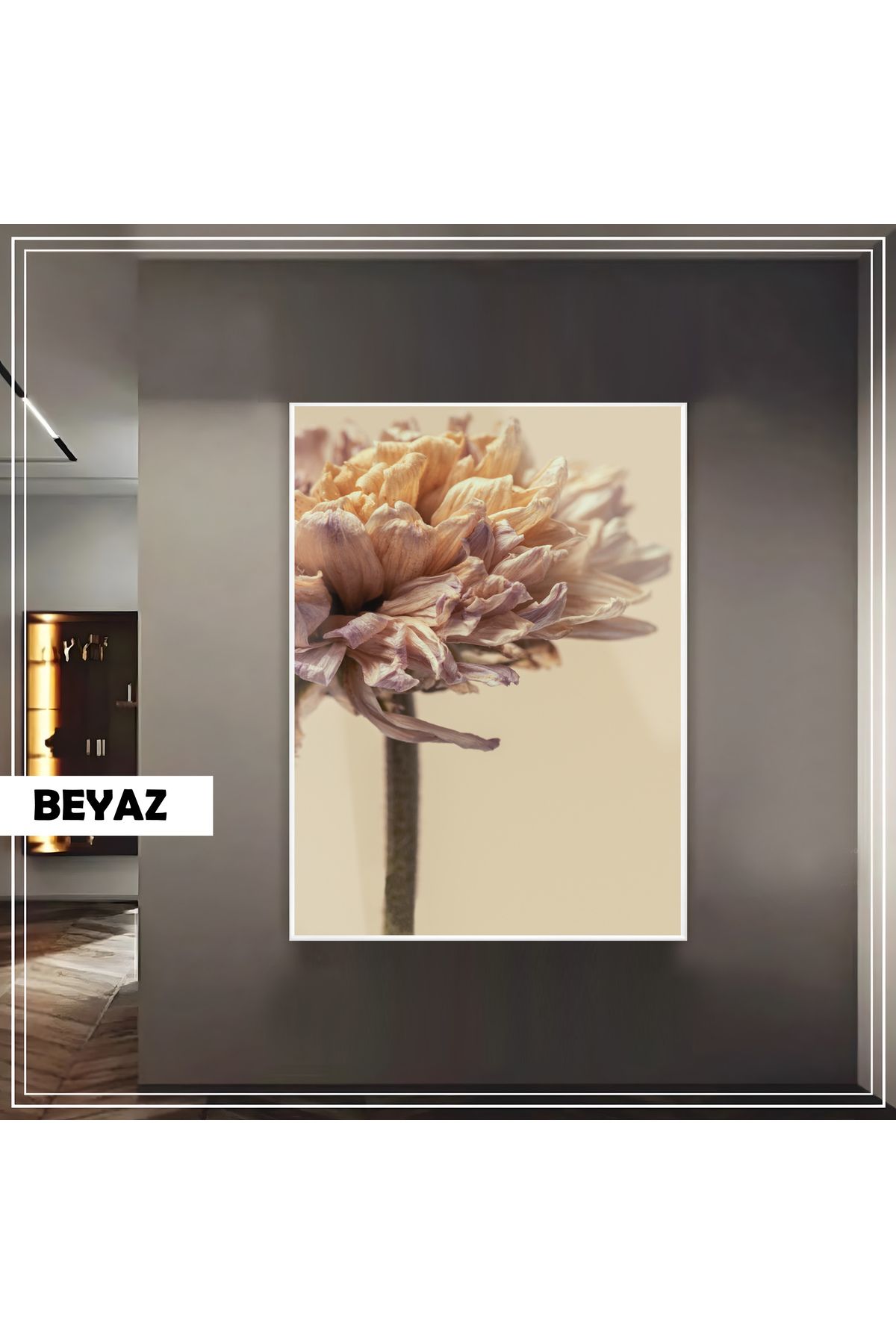 Harikabirev HARİKABİREV|KREM KURU ÇİÇEK MODEL (DRIED FLOWER) |ÇERÇEVELİ TEMPERLİ CAM TABLO TEKLİ DİKEY