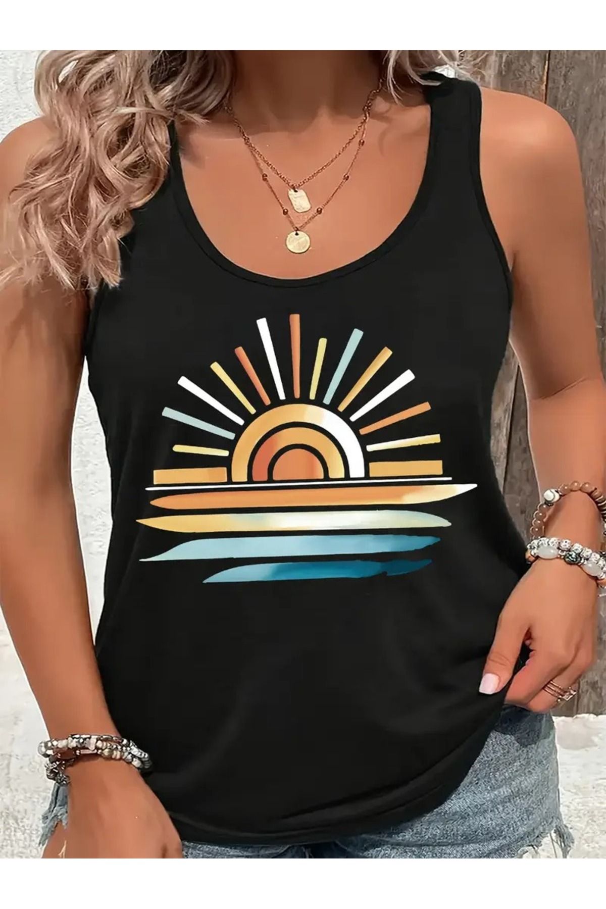 mercoledi Kadın Kolsuz Baskılı Yuvarlak Yaka Üst T-shirt