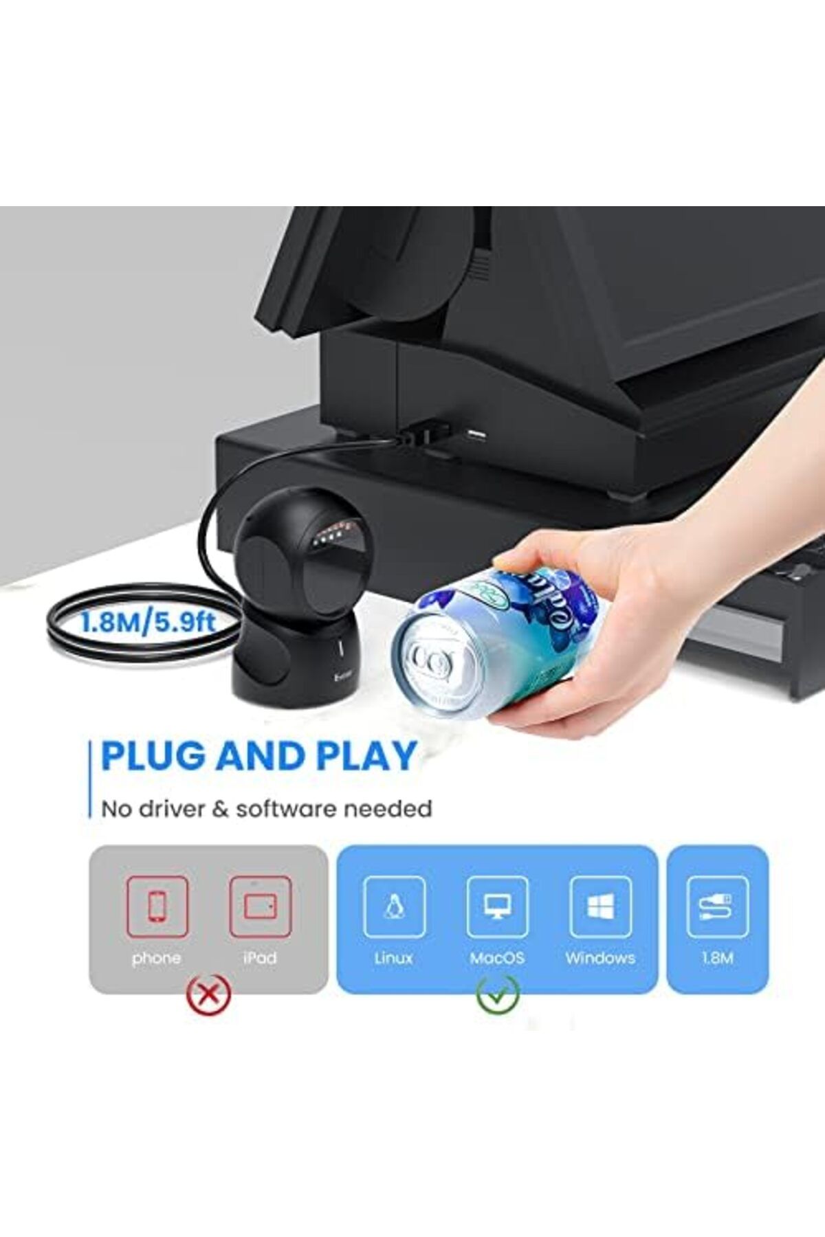 Eyoyo-Barcode Scanner, QR 2D Hands-Free Omnidirectional Automatic Sensing Scanning USB Desktop Barco 4