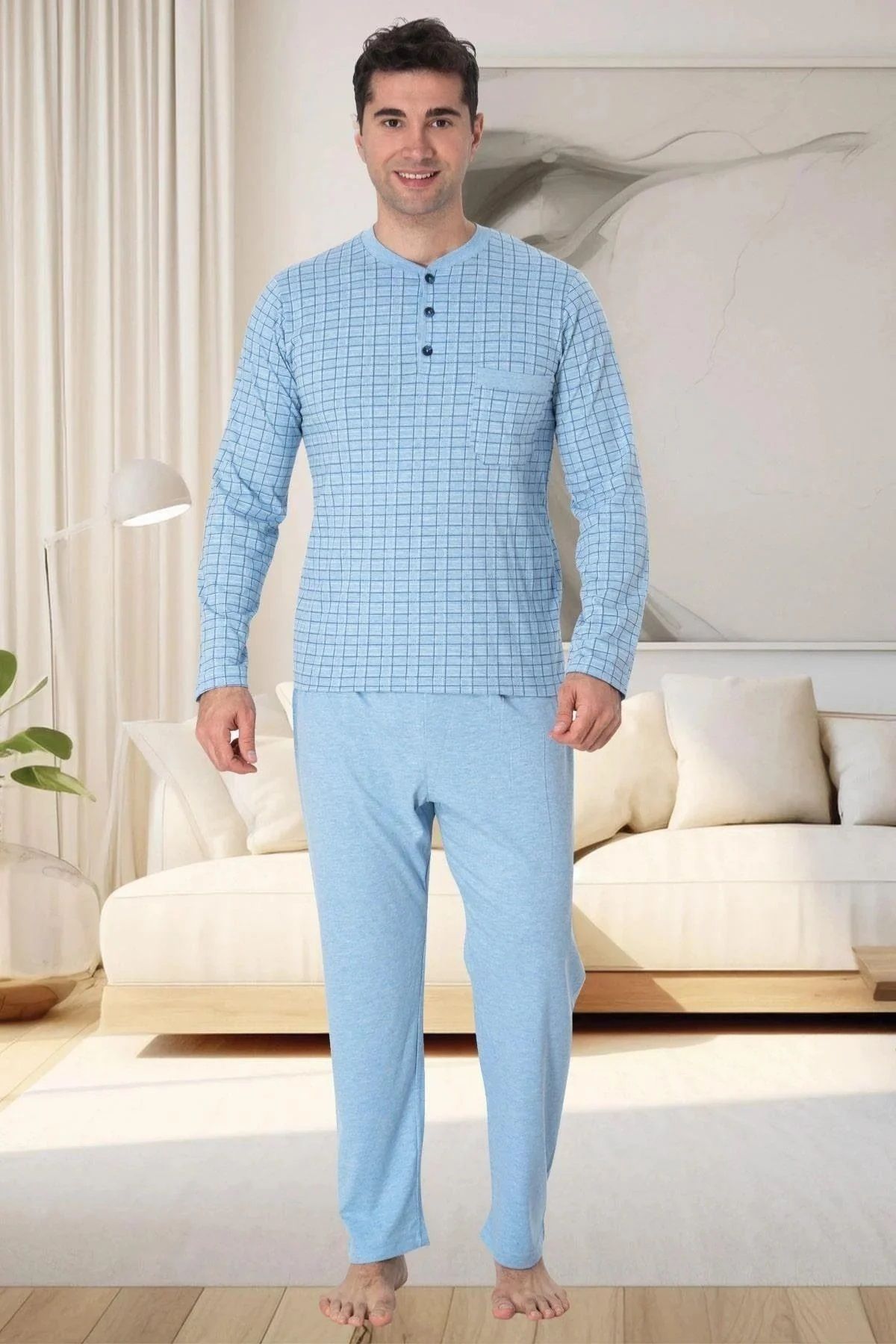 Mecit Pijama Büyük Beden Uzun Kollu Mevsimlik Yakası Düğmeli Erkek Pijama Takımı %80 Pamuk, %20 Viskon